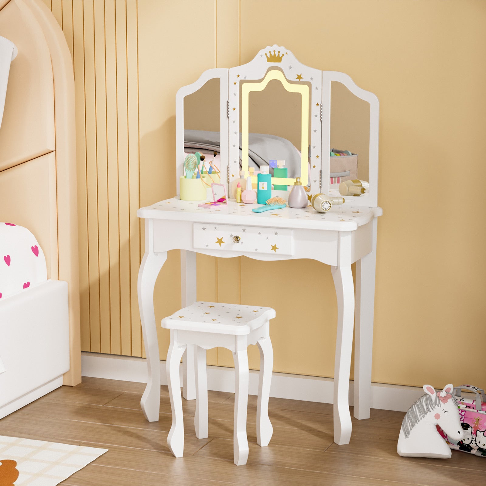 JOYMOR Upgrade Kids Vanity w/Tri-Folding Mirror & Adjustment LED Touch Screen 2-in-1 Wooden Princess Makeup Desk Dressing Table