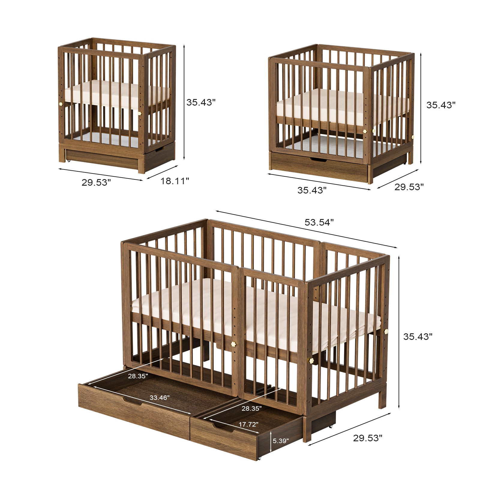 JOYMOR Wood 8-in-1 Convertible Crib with 2" Mattress