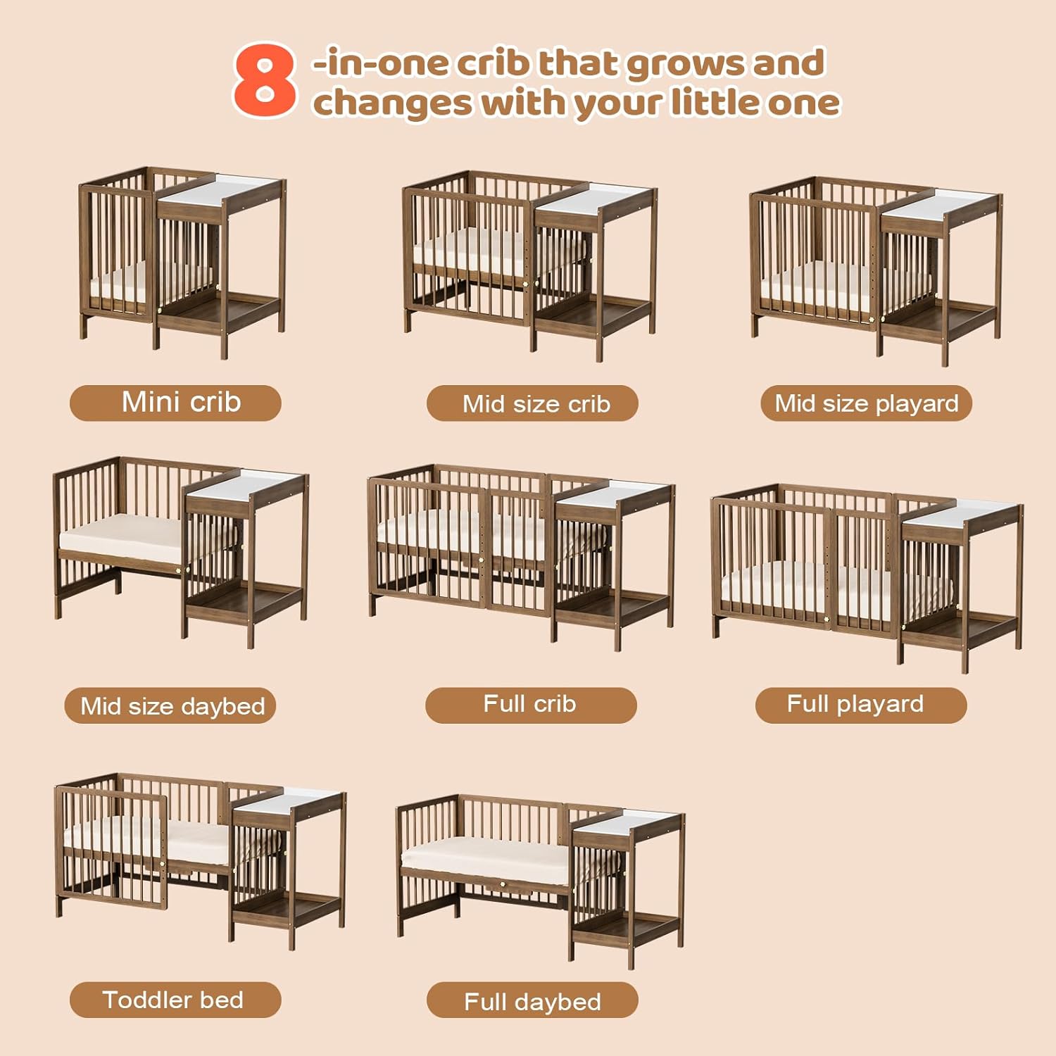 JOYMOR Wood 8-in-1 Convertible Crib with 2" Mattress