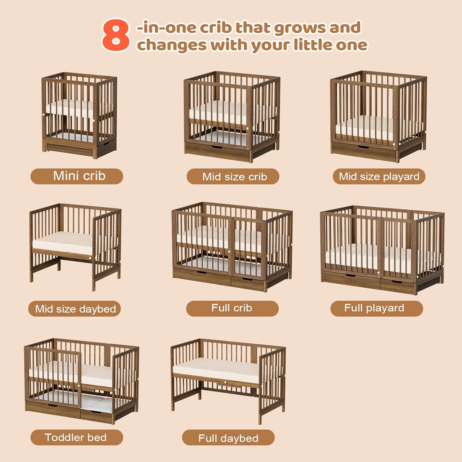 JOYMOR Wood 8-in-1 Convertible Crib with 2" Mattress