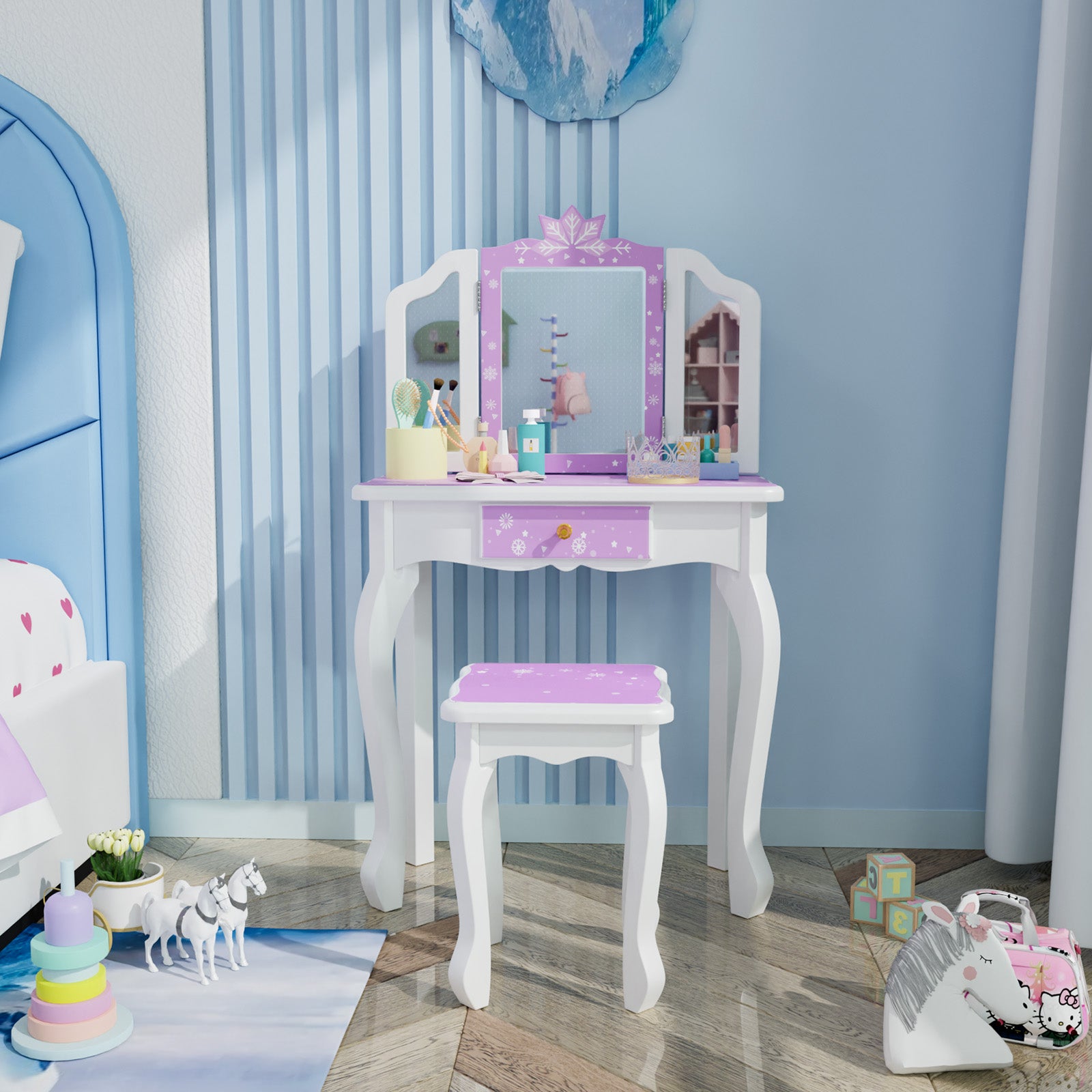 JOYMOR Tri Folding Kids Vanity Set  Mirror Wooden Princess with Stool
