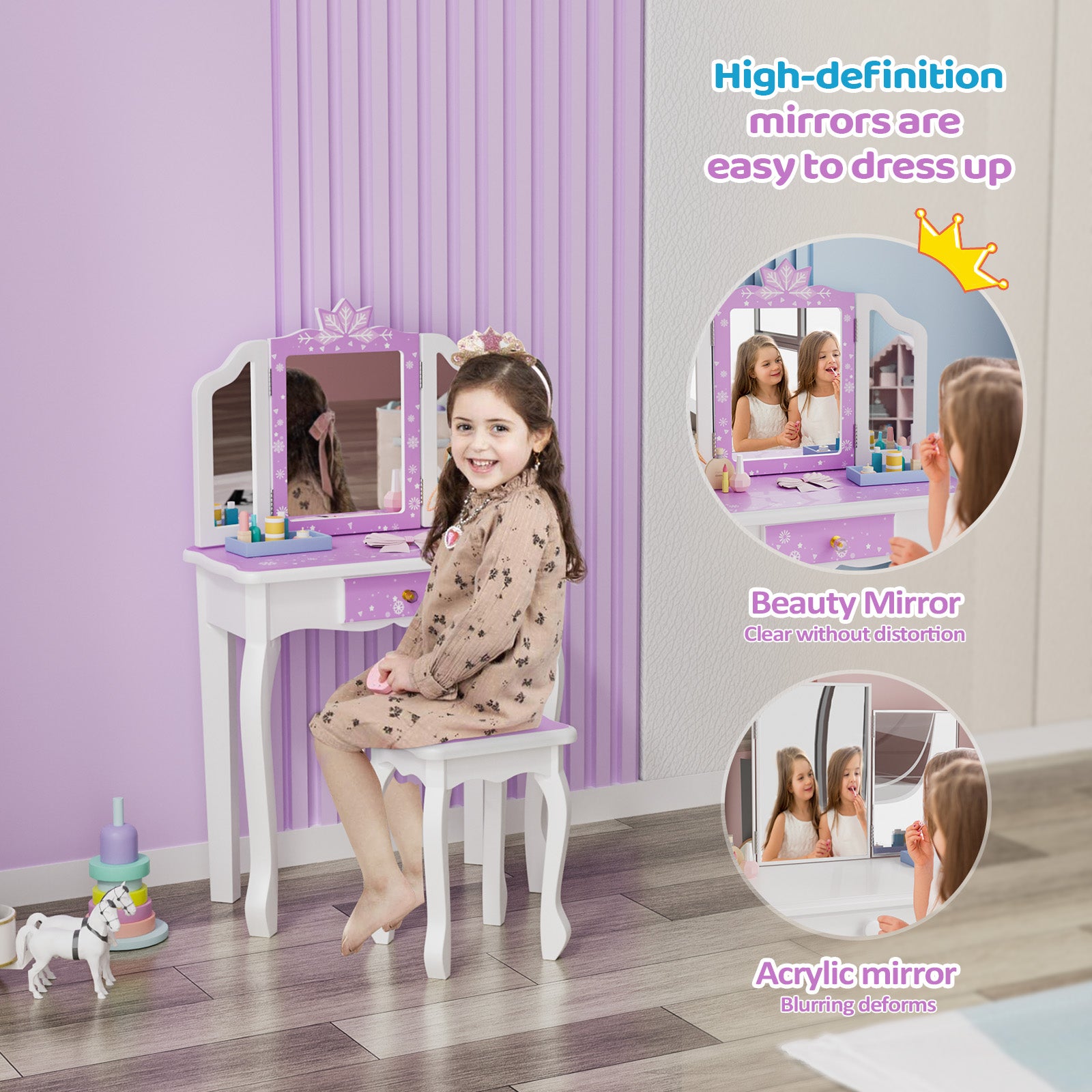 JOYMOR Tri Folding Kids Vanity Set  Mirror Wooden Princess with Stool