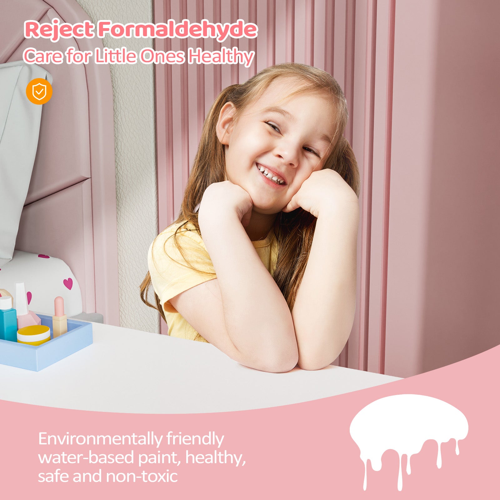 JOYMOR Wooden Tri Folding Kids Vanity Set with Stool