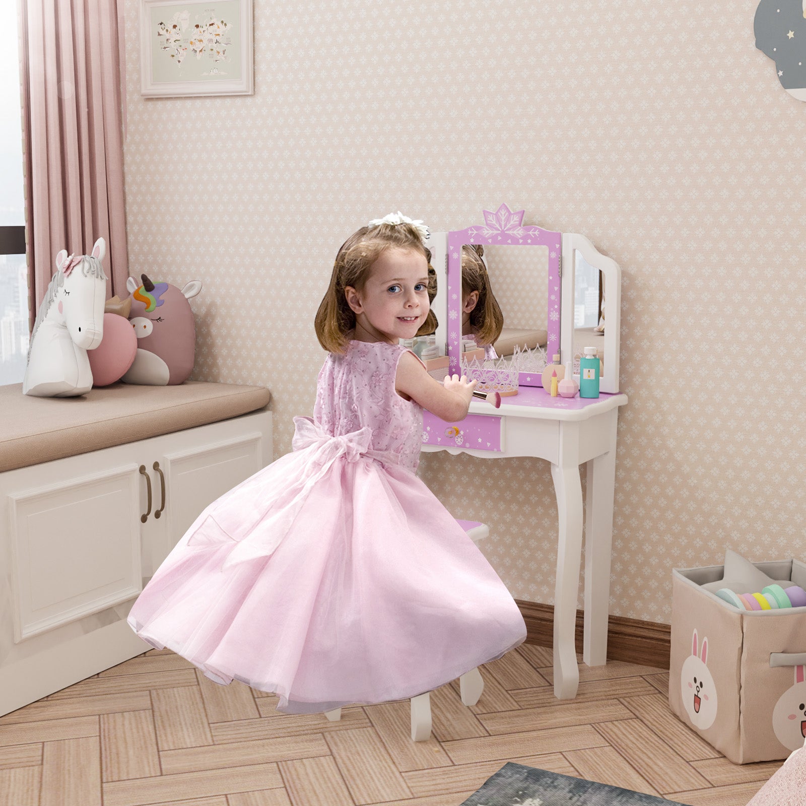 JOYMOR Tri Folding Kids Vanity Set  Mirror Wooden Princess with Stool