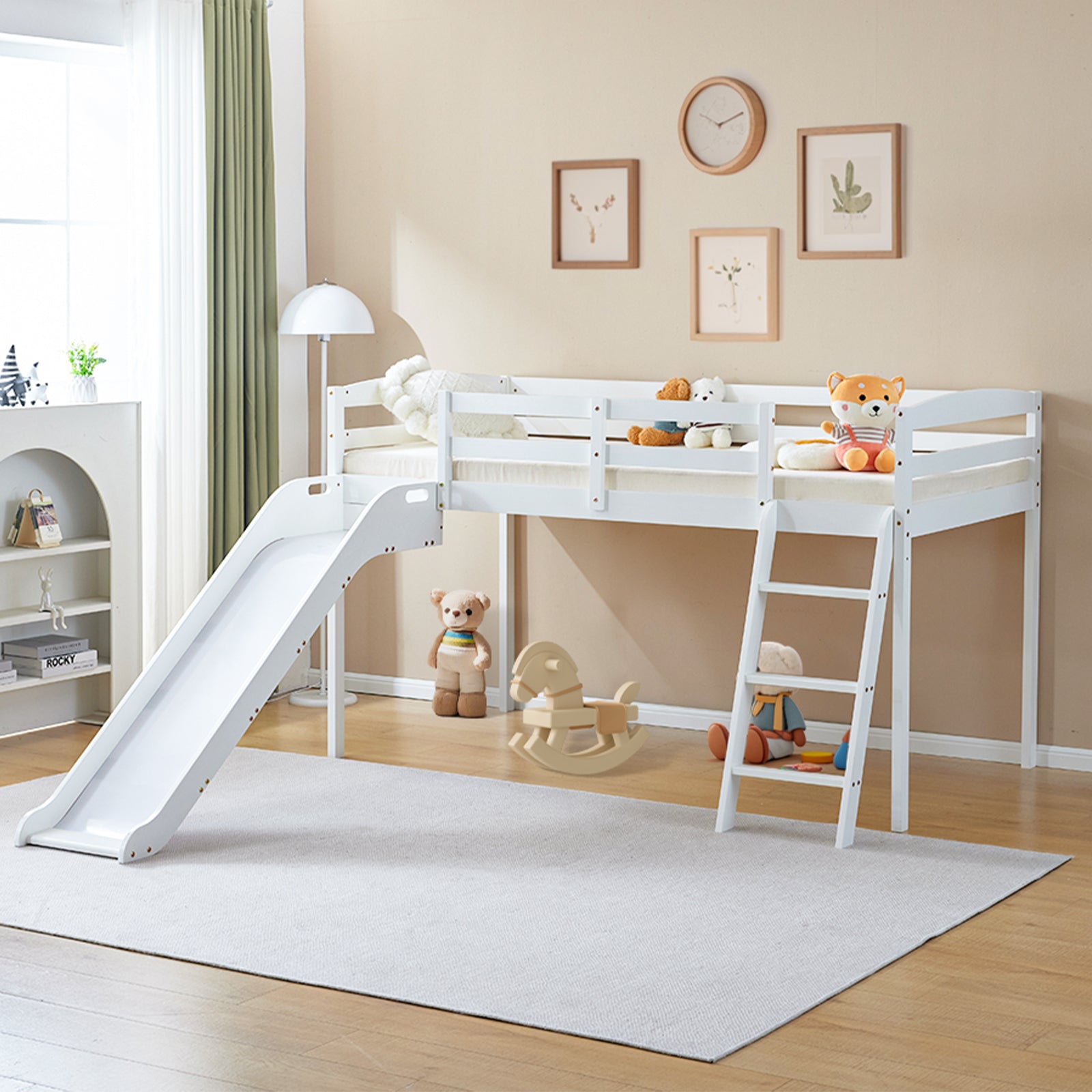 Joymor Twin Size Low Loft Bed with Slide and Ladder Pine Wood