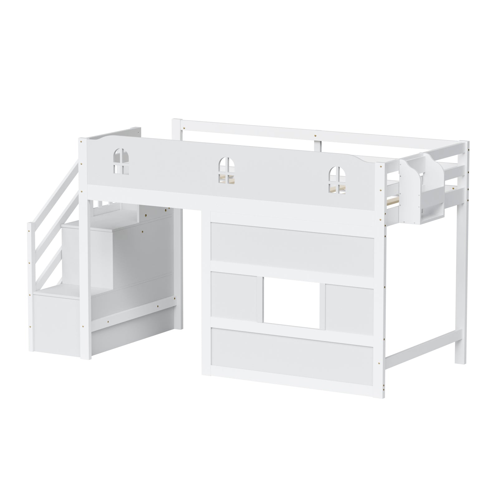 JOYMOR Wood Low Loft Bed Twin Size Bed Frame with Castle Guardrail