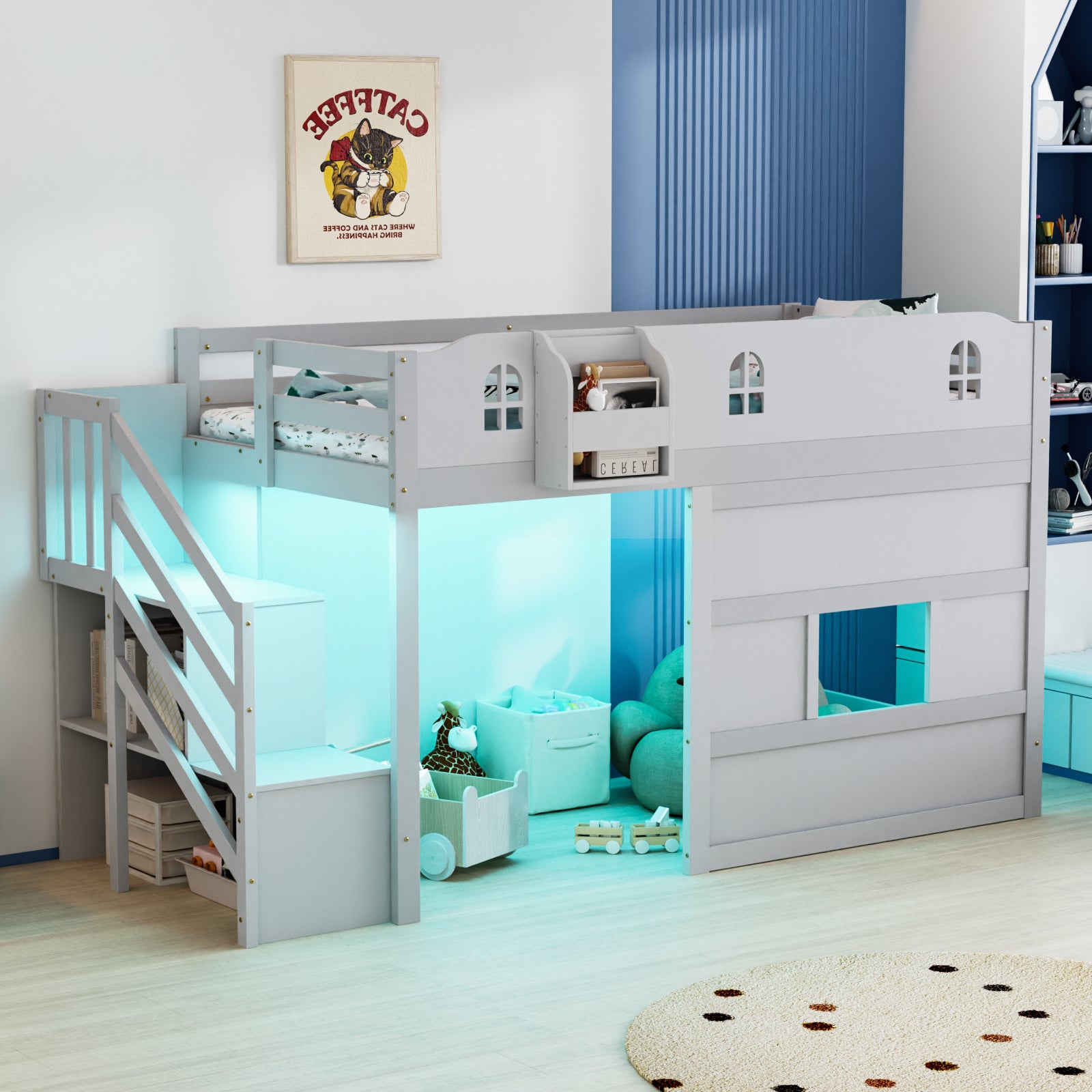 JOYMOR Low Loft Bed with Led Light Loft Bed Twin Size with Staircase and Book Rack