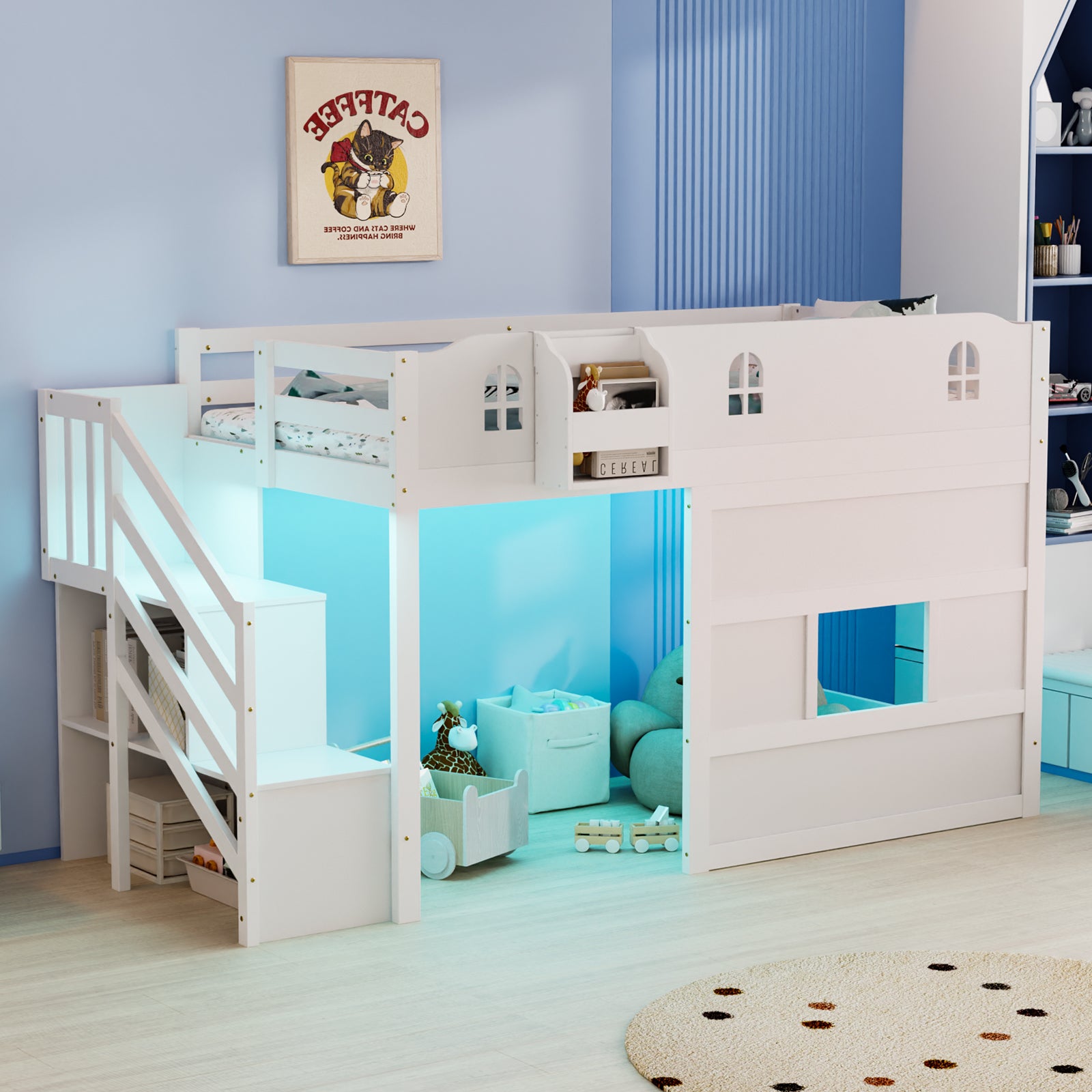 JOYMOR Low Loft Bed with Led Light Loft Bed Twin Size with Staircase and Book Rack