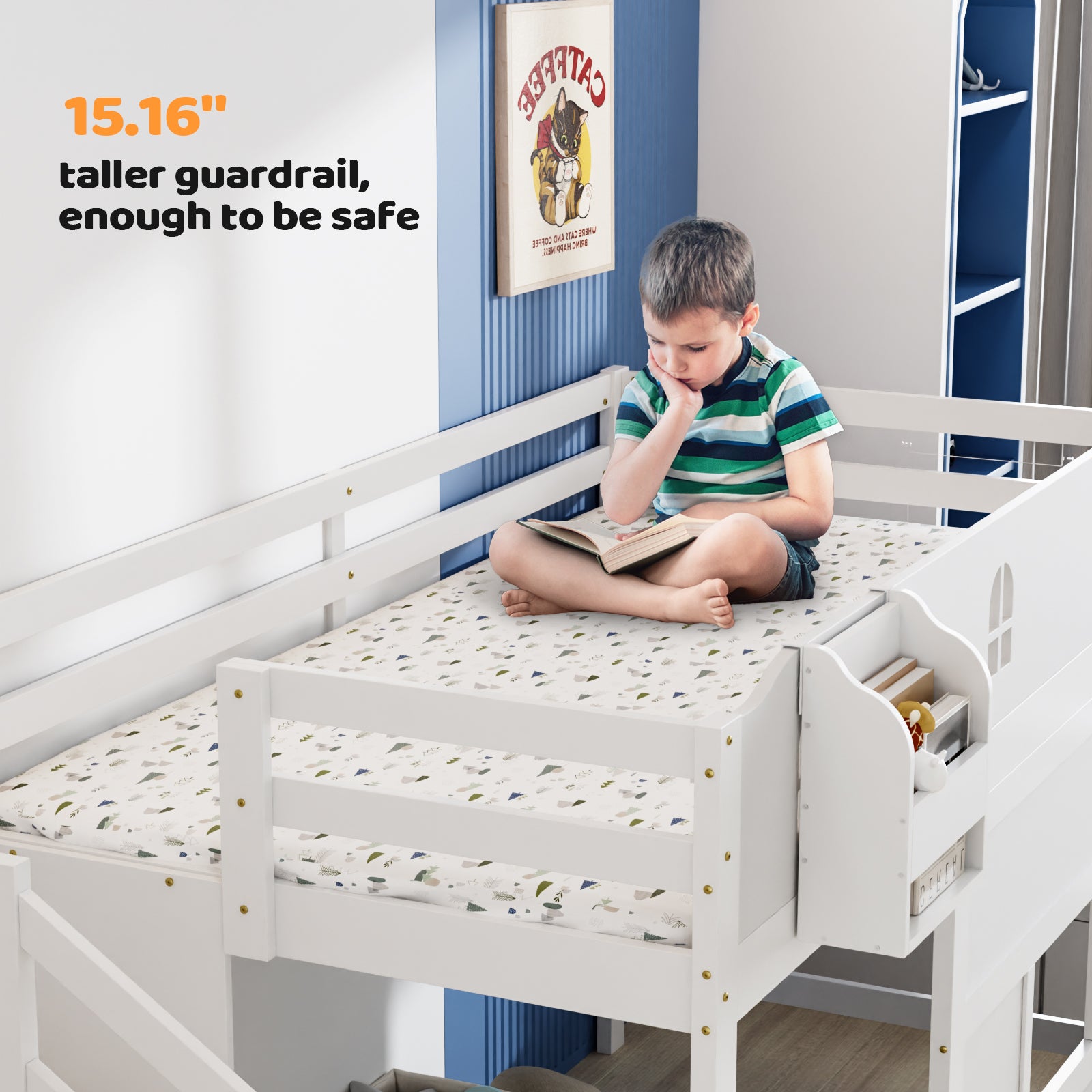 JOYMOR Low Loft Bed with Led Light Loft Bed Twin Size with Staircase and Book Rack