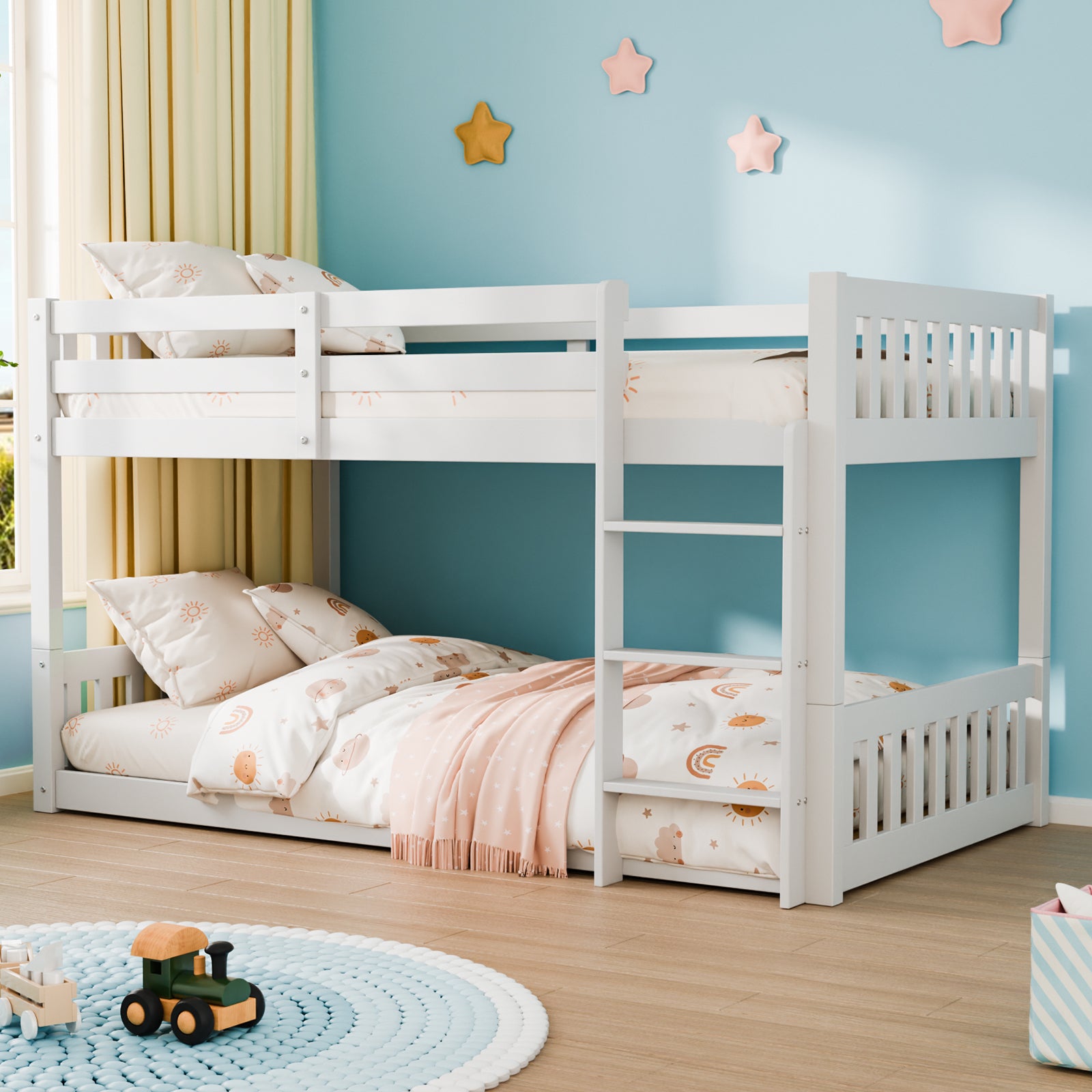 JOYMOR Wooden Toddler Bunk Bed with Stairs Twin over Twin Bunk Bed Classic Solid Wood Stackable
