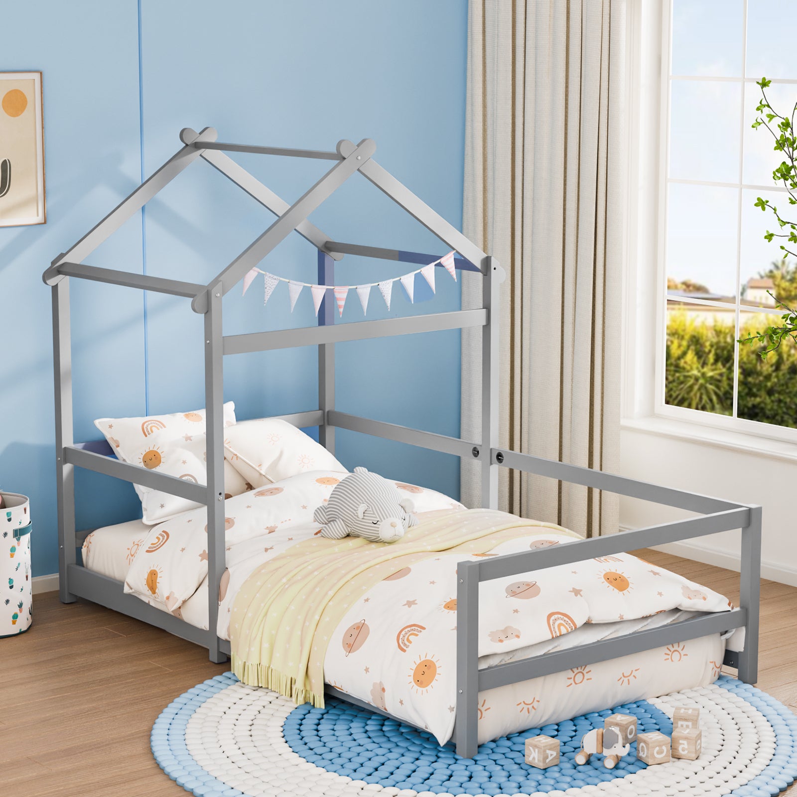 JOYMOR Twin Floor Bed for Kids Wood Montessori Floor Bed Twin with Fence-Shaped Rails