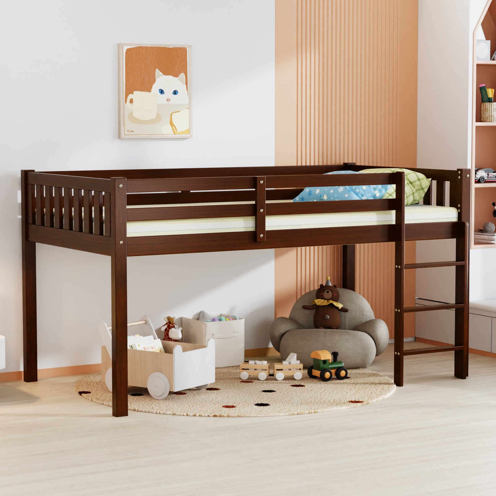 JOYMOR Wooden Toddler Low Loft Bed Twin Size with Stairs