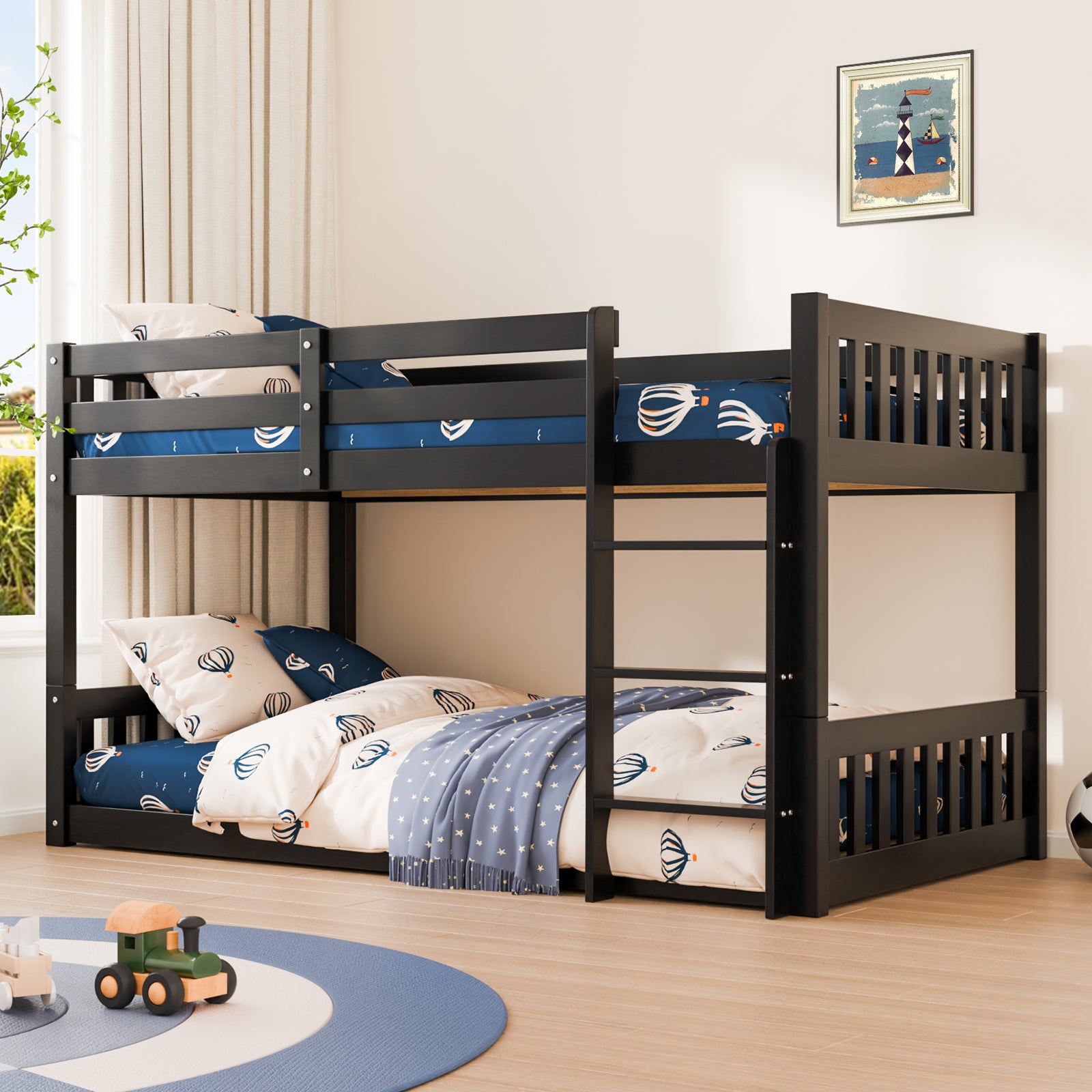 JOYMOR Wooden Toddler Bunk Bed with Stairs Twin over Twin Bunk Bed Classic Solid Wood Stackable
