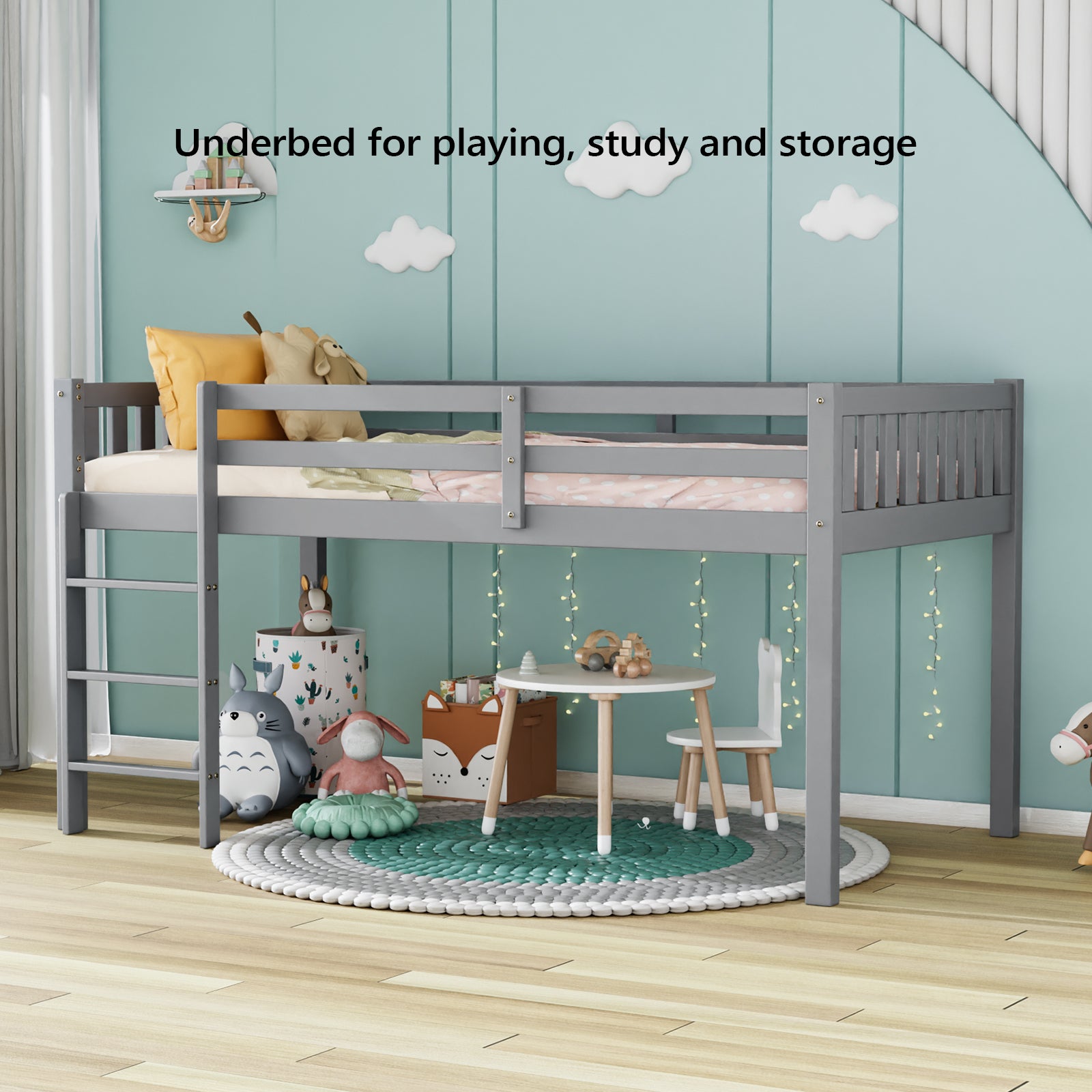 JOYMOR Wooden Toddler Low Loft Bed Twin Size with Stairs