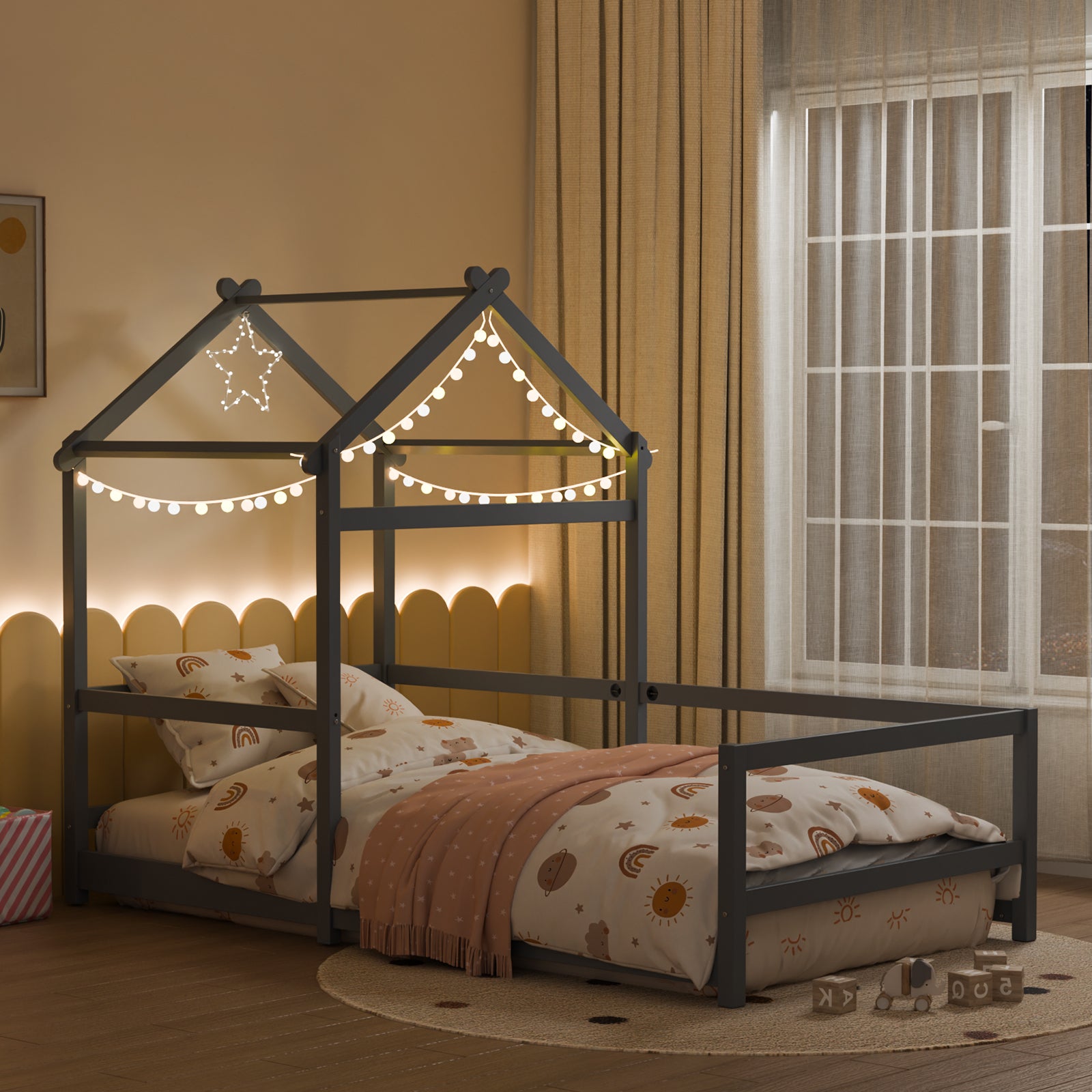 JOYMOR Twin Floor Bed for Kids Wood Montessori Floor Bed Twin with Fence-Shaped Rails