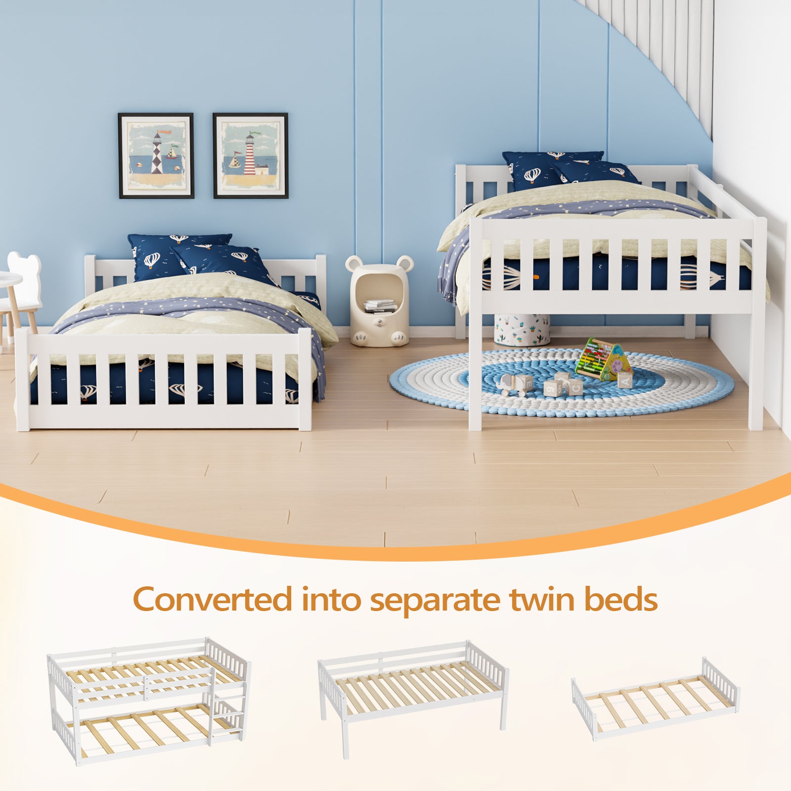 JOYMOR Wooden Toddler Bunk Bed with Stairs Twin over Twin Bunk Bed Classic Solid Wood Stackable