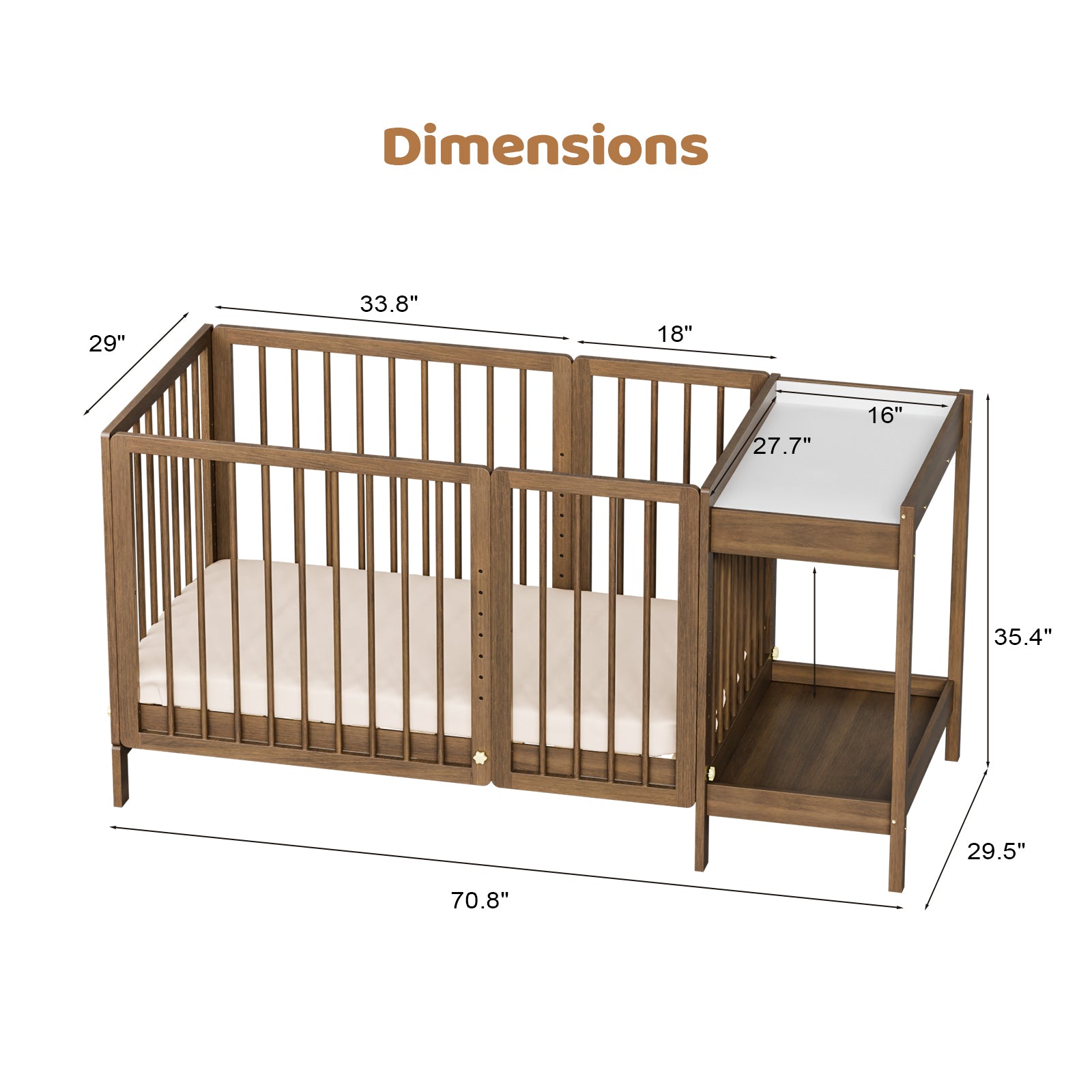 JOYMOR Wood 8-in-1 Convertible Crib with 2" Mattress