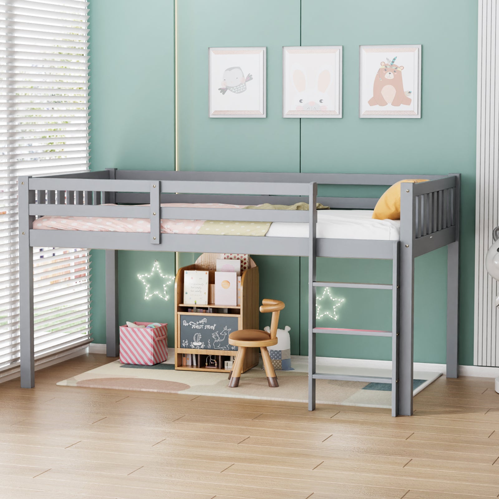 JOYMOR Wooden Toddler Low Loft Bed Twin Size with Stairs