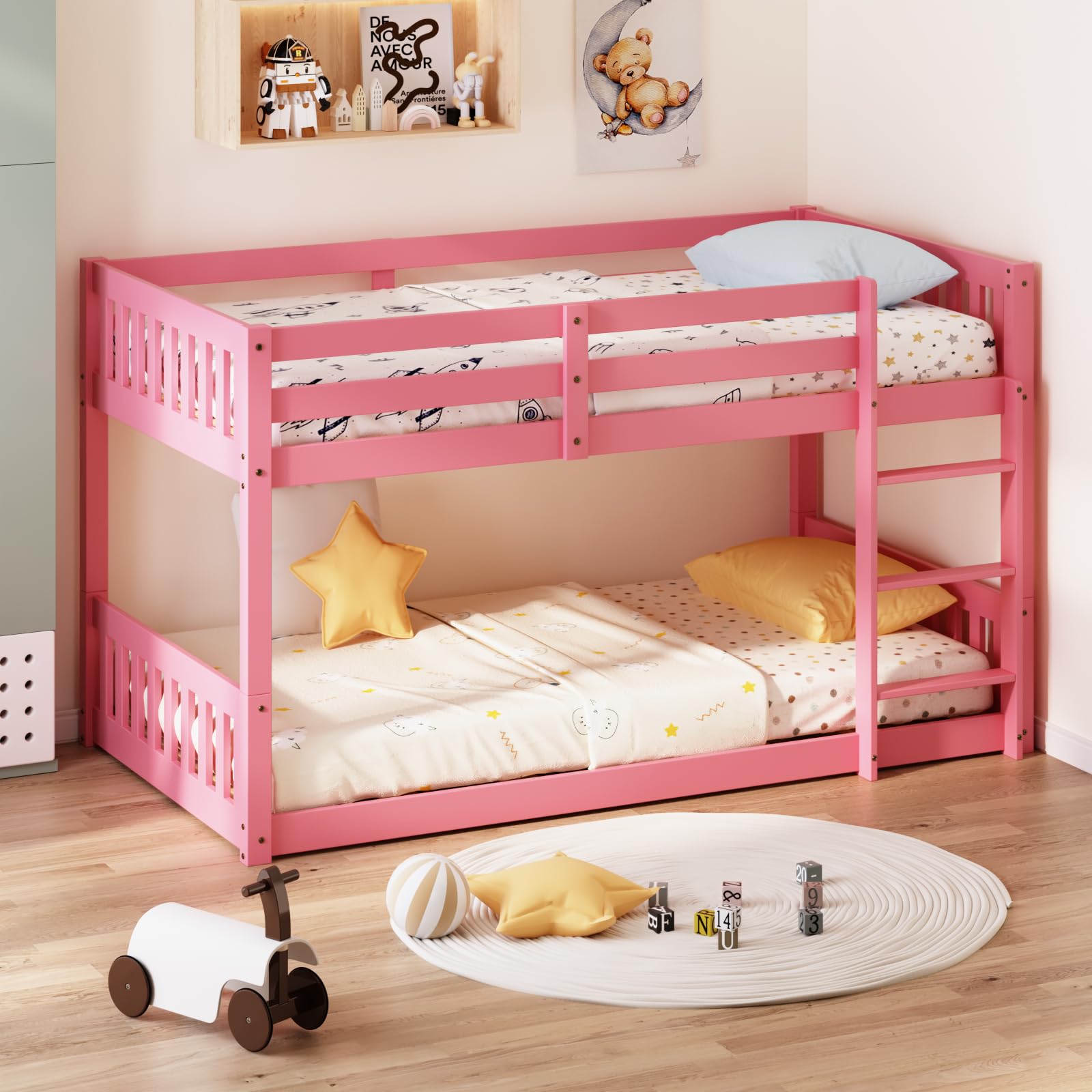 JOYMOR Wooden Toddler Bunk Bed with Stairs Twin over Twin Bunk Bed Classic Solid Wood Stackable