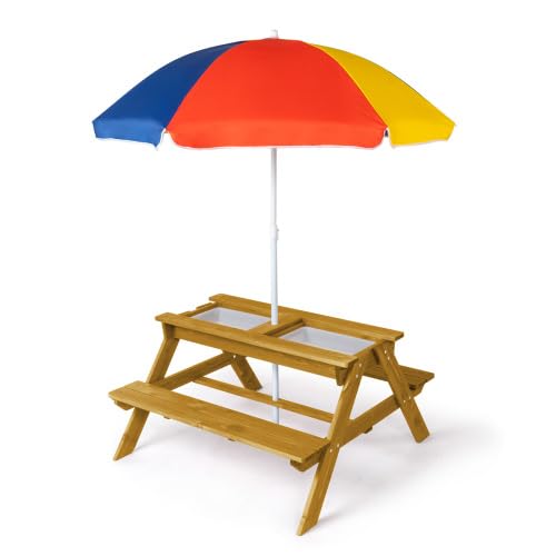 JOYMOR Kids Picnic Table Toddler Fir Wood Kids Outdoor Table and Chairs with Removable Umbrella