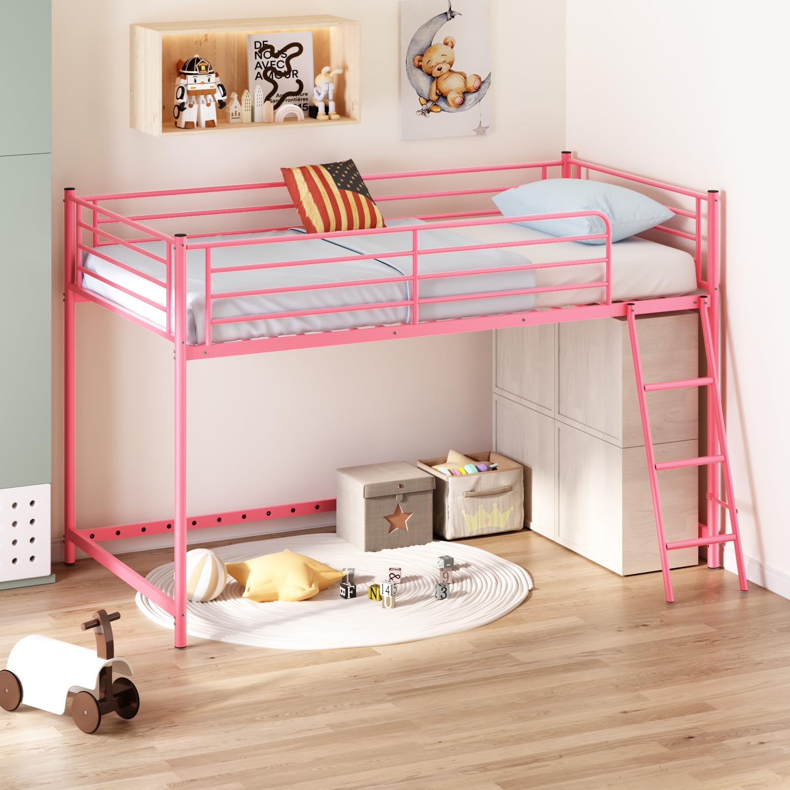 JOYMOR Low Loft Bed with Inclined Ladder Metal Twin Size Bed Frame