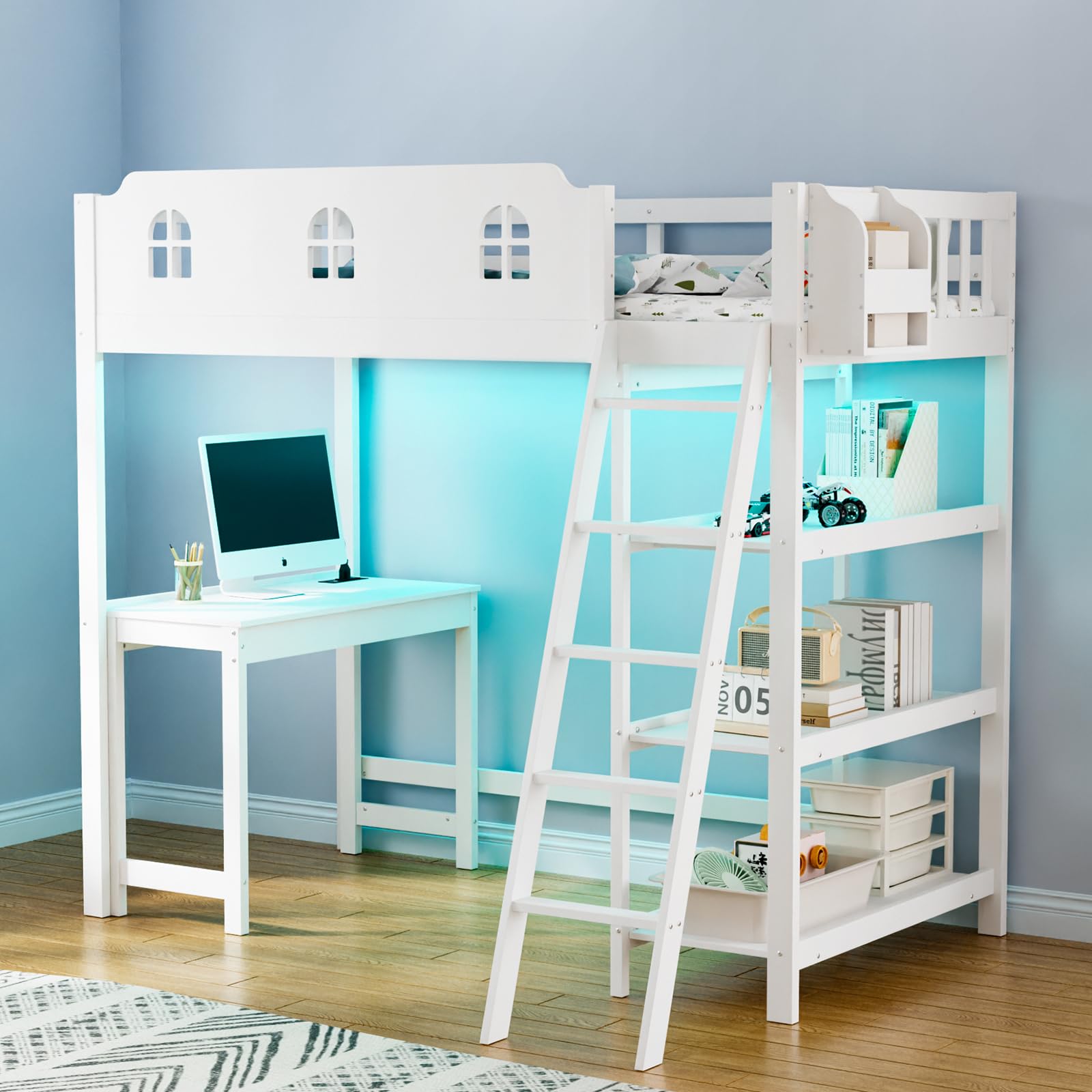 JOYMOR Twin Size Loft Bed with Led Light Loft Bunk Bed with Desk and Outlets