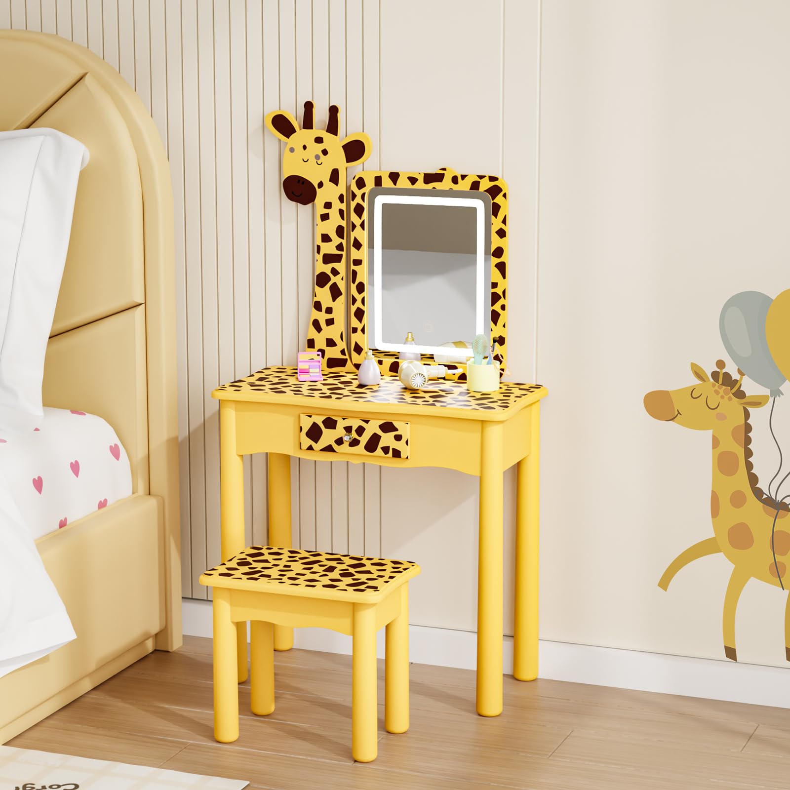 JOYMOR LED Lighted Kids Vanity with Storage and Wooden Legs