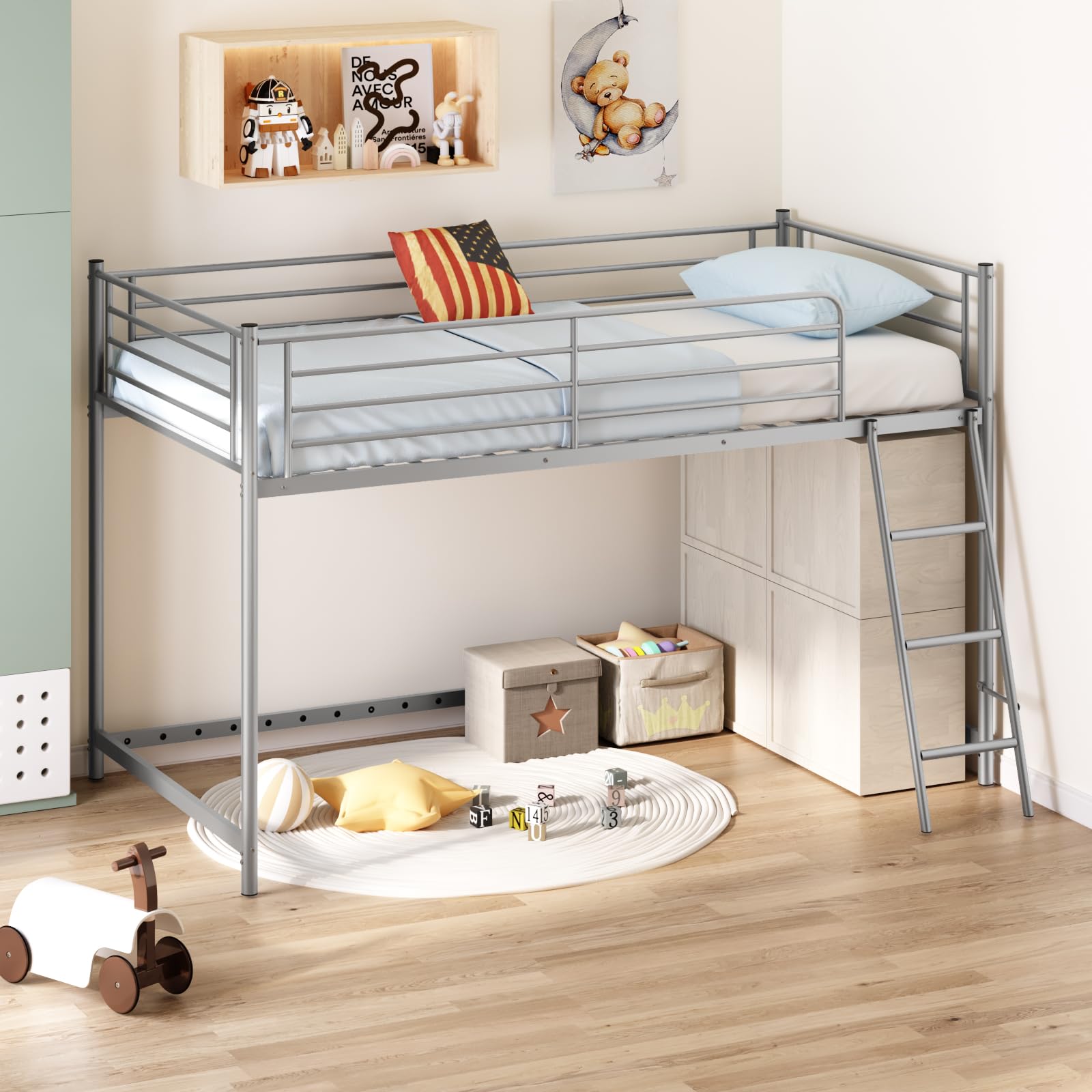 JOYMOR Low Loft Bed with Inclined Ladder Metal Twin Size Bed Frame