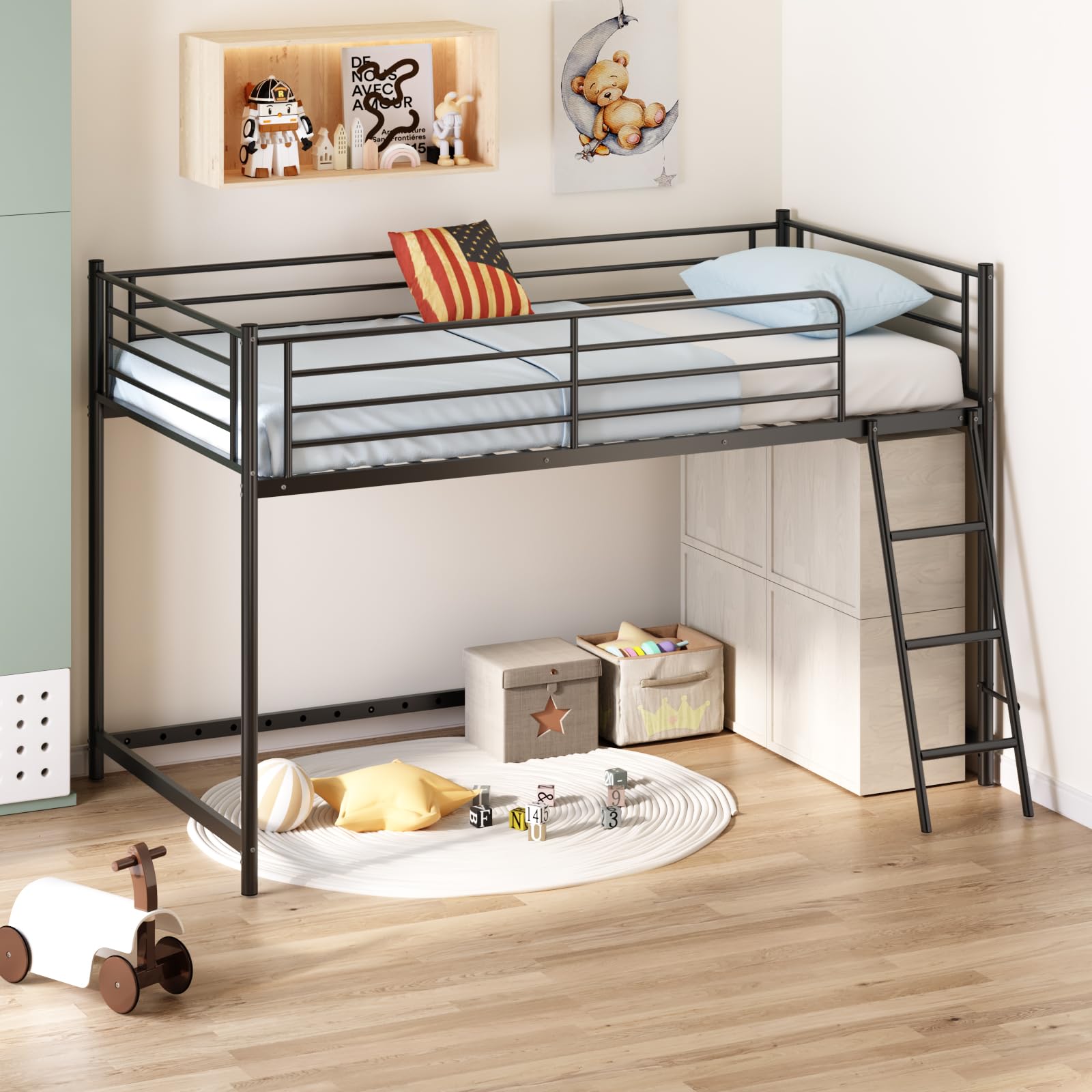 JOYMOR Low Loft Bed with Inclined Ladder Metal Twin Size Bed Frame