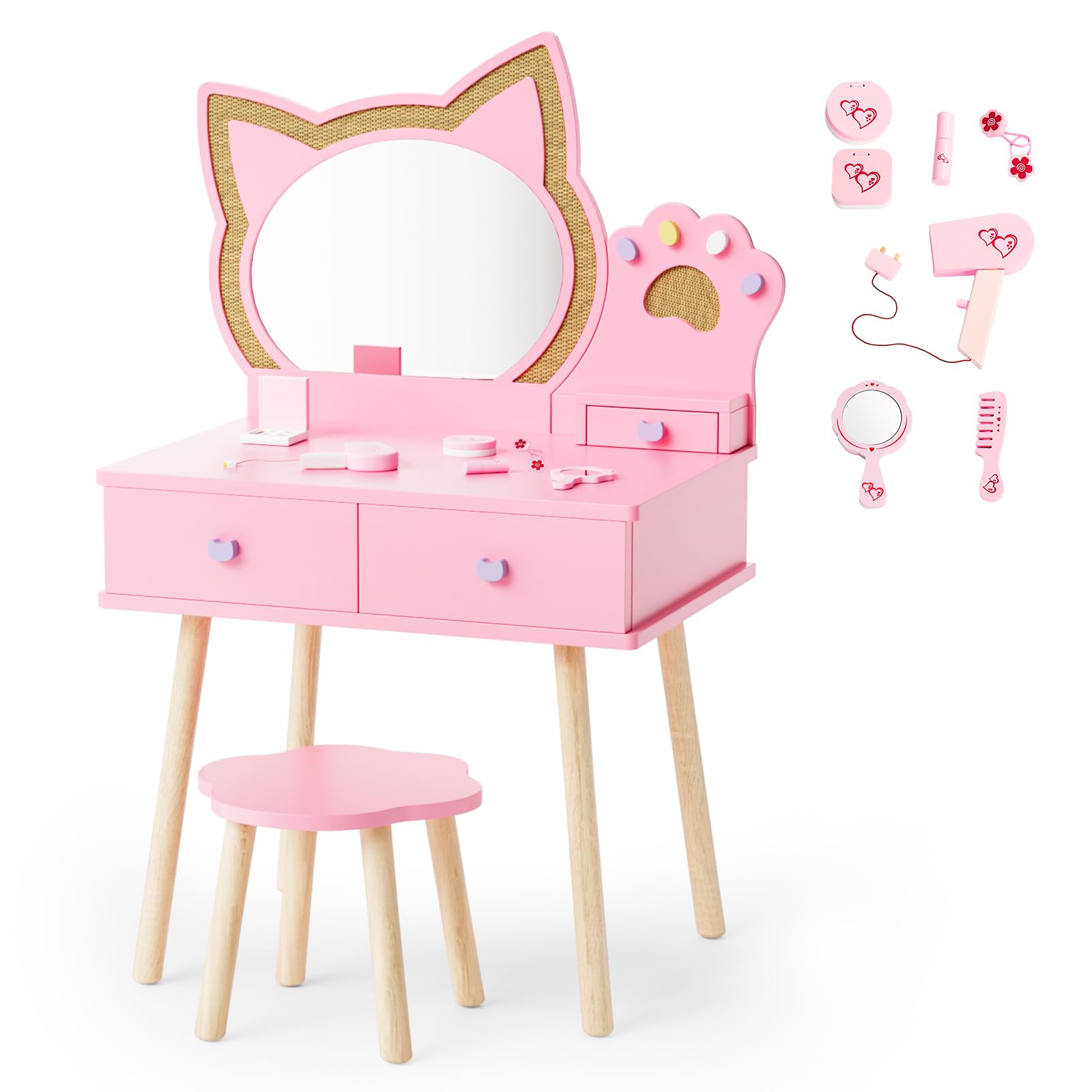 JOYMOR Kids Cat Mirror Vanity Makeup Dressing Table