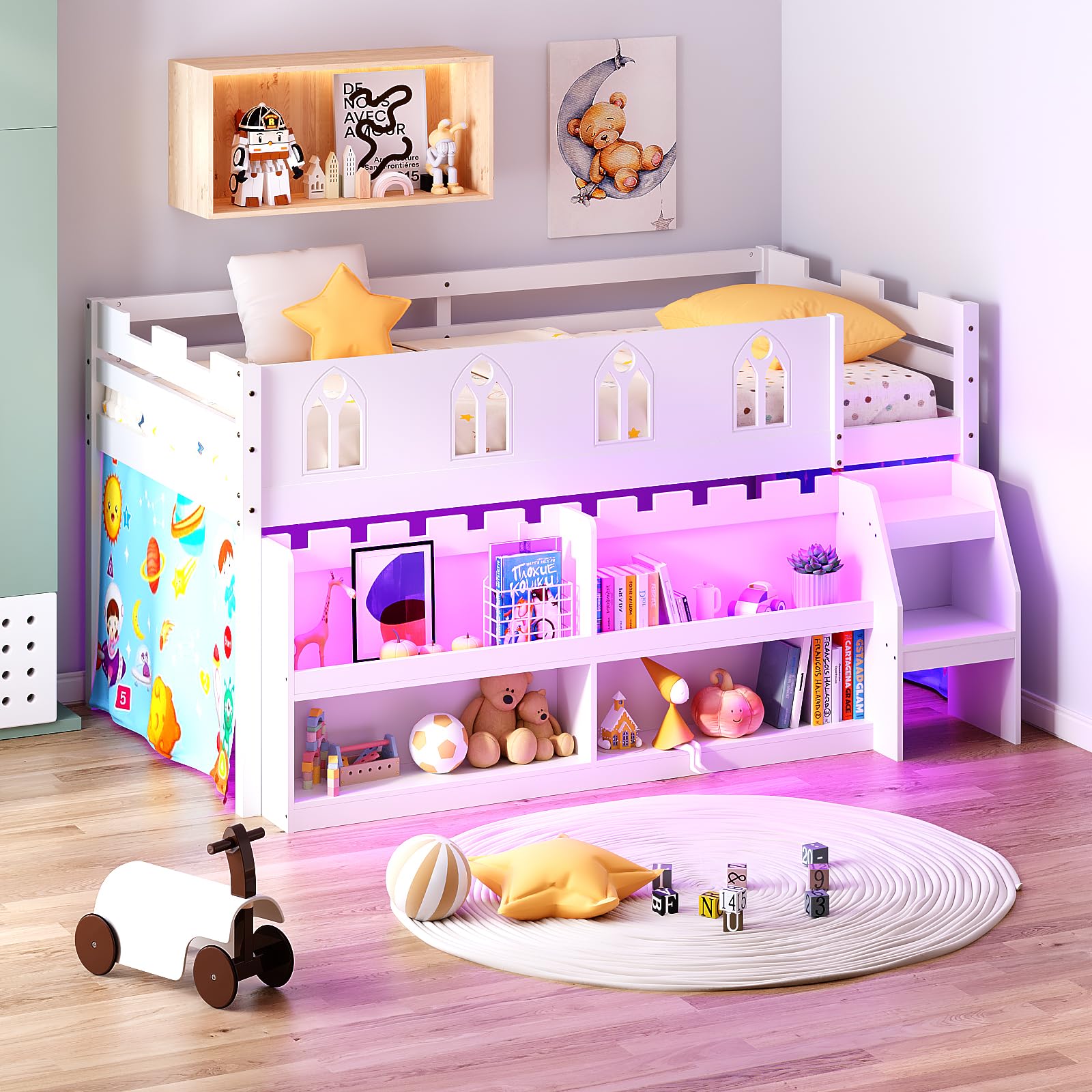 JOYMOR Modern Low Loft Bed with Shelves Kids Twin Bed Frame