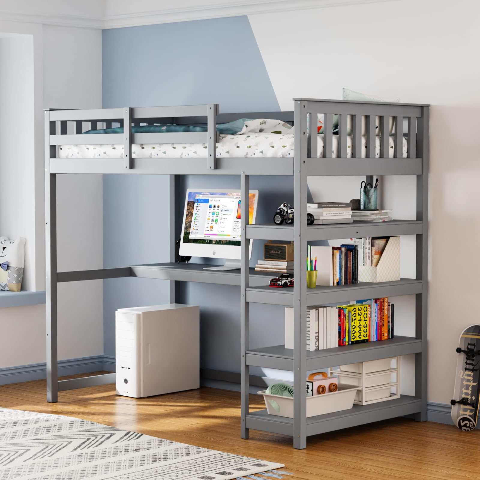 JOYMOR Twin Size Bunk Bed Loft Bed Frame with Desk & Bookcase