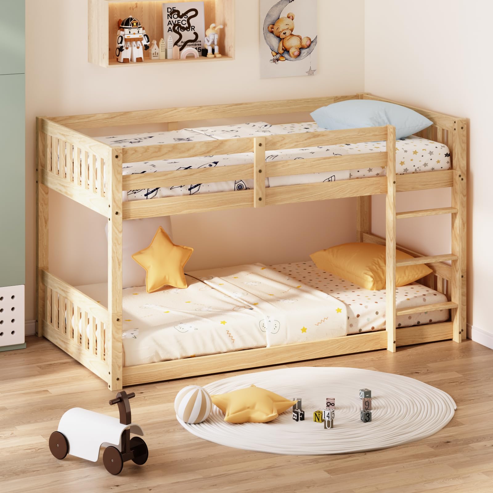 JOYMOR Wooden Toddler Bunk Bed with Stairs Twin over Twin Bunk Bed Classic Solid Wood Stackable