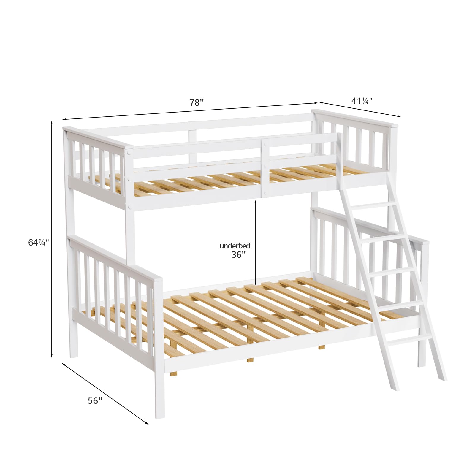 JOYMOR Convertible Twin Over Full Solid Wood Bunk Bed Frame with Ladder and Guard Rail