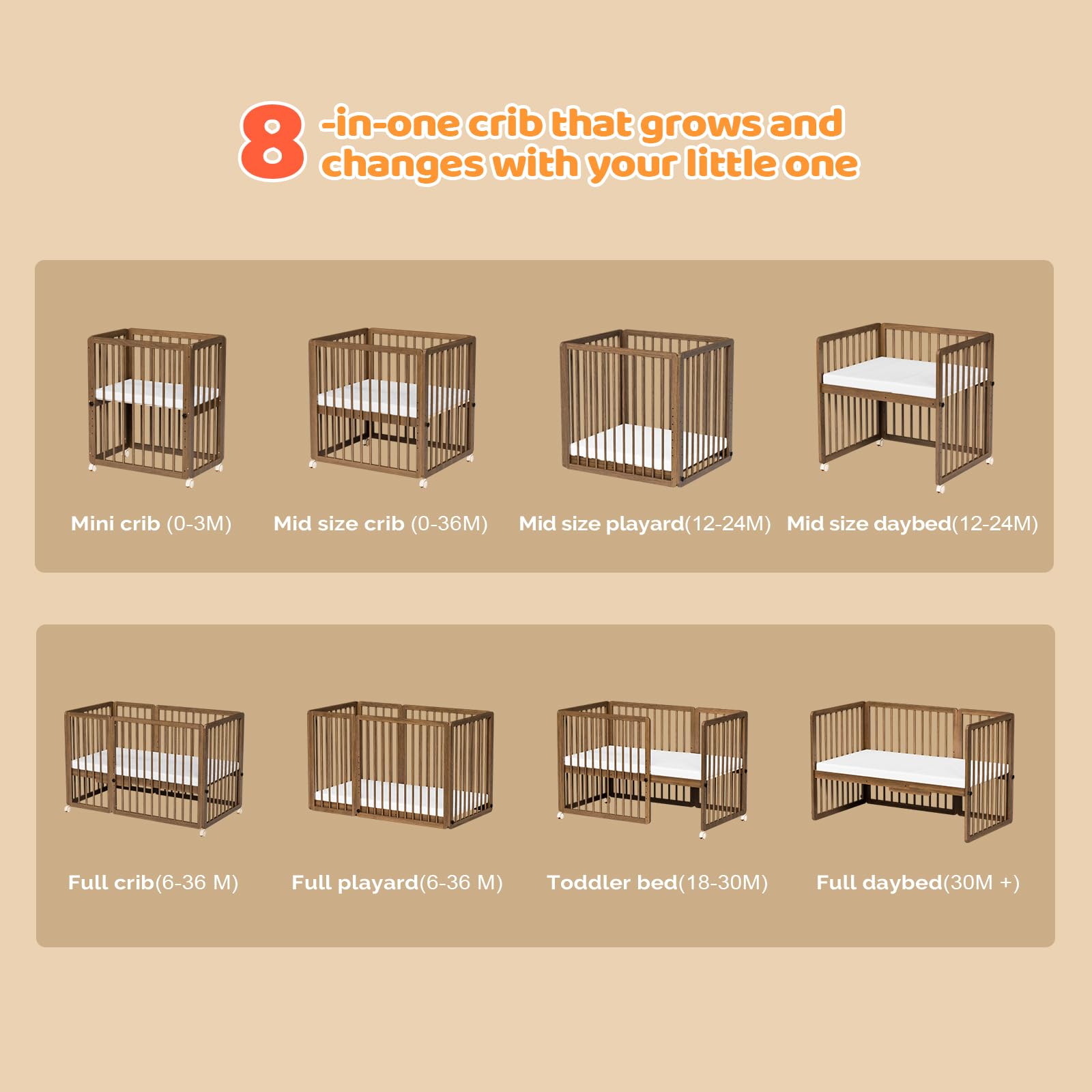 JOYMOR Wood 8-in-1 Convertible Crib with 2" Mattress