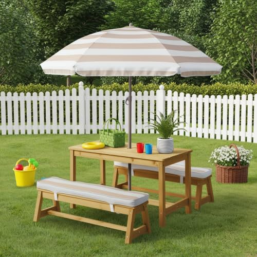 JOYMOR Kids Picnic Table Outdoor Wooden Table Set with Umbrella