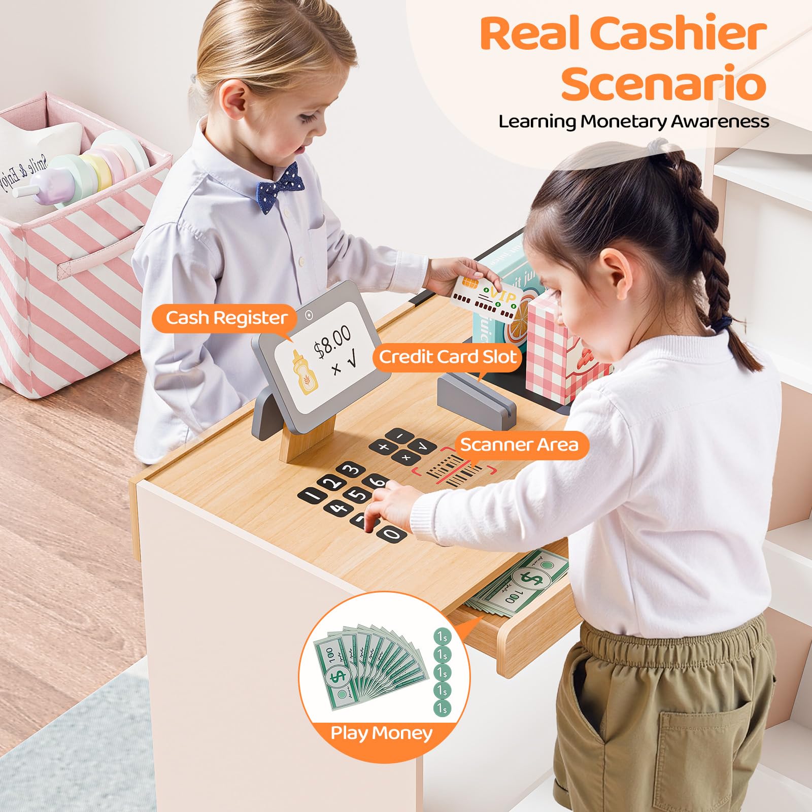 JOYMOR Pretend Supermarket Kids Wooden Grocery Store Playset