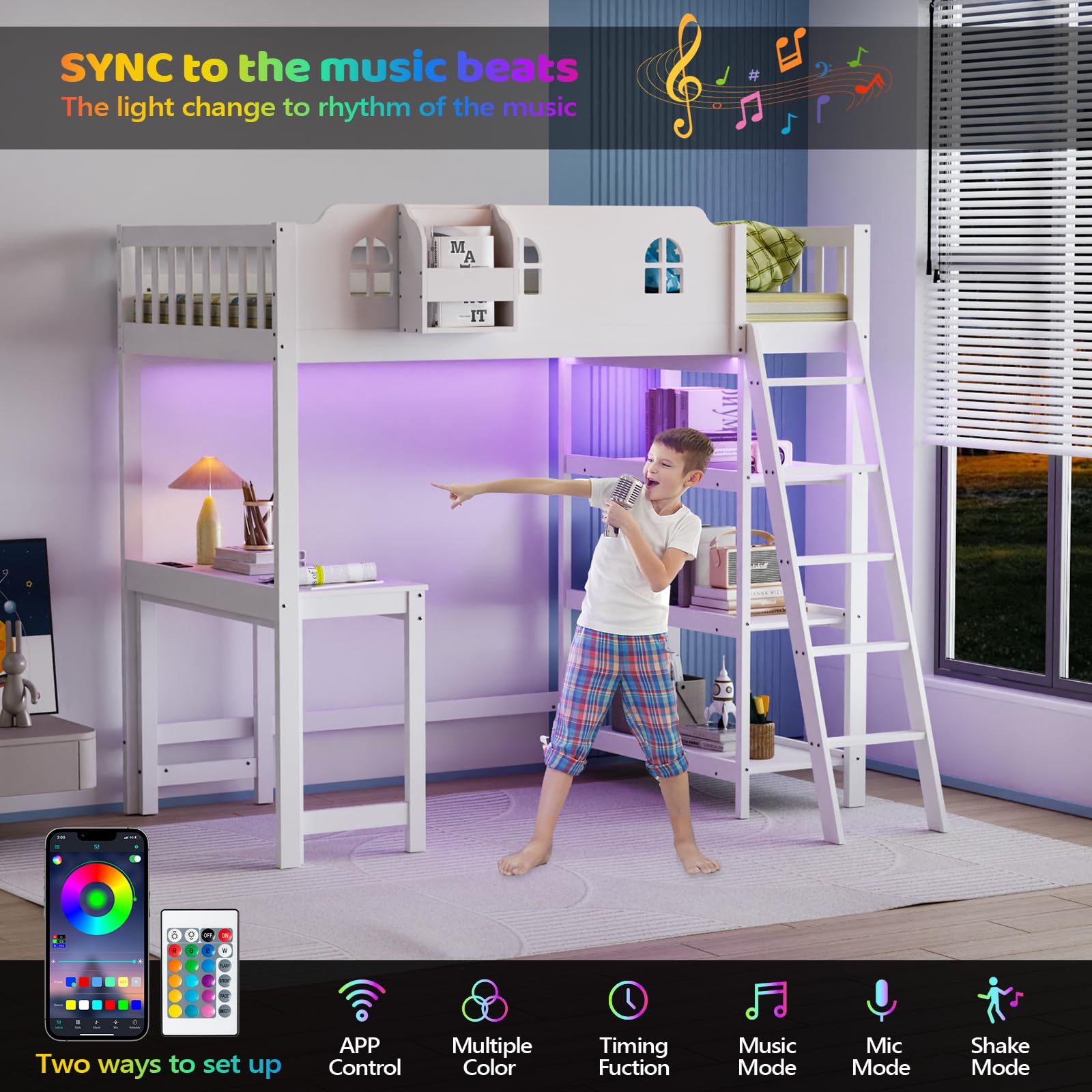 JOYMOR Twin Size Loft Bed with Led Light Loft Bunk Bed with Desk and Outlets
