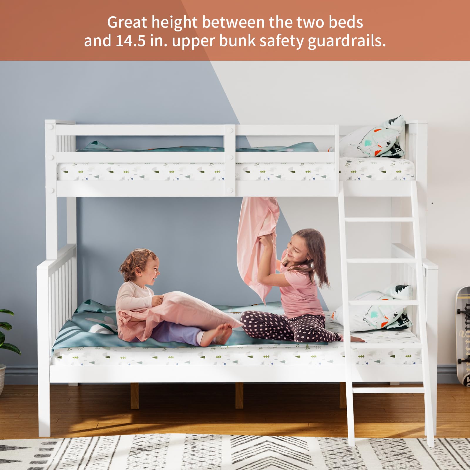 JOYMOR Convertible Twin Over Full Solid Wood Bunk Bed Frame with Ladder and Guard Rail