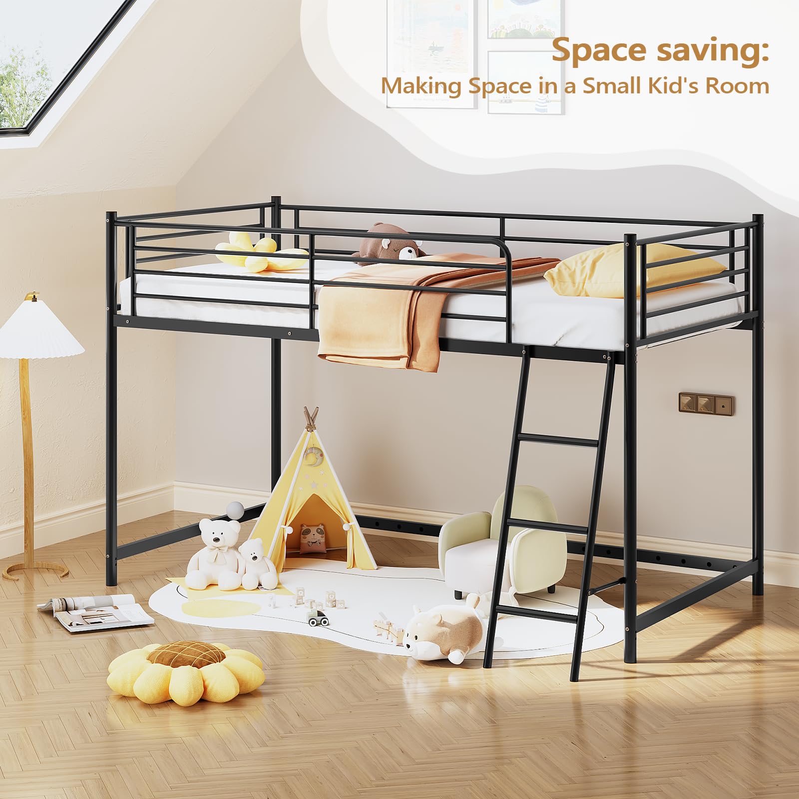JOYMOR Low Loft Bed with Inclined Ladder Metal Twin Size Bed Frame