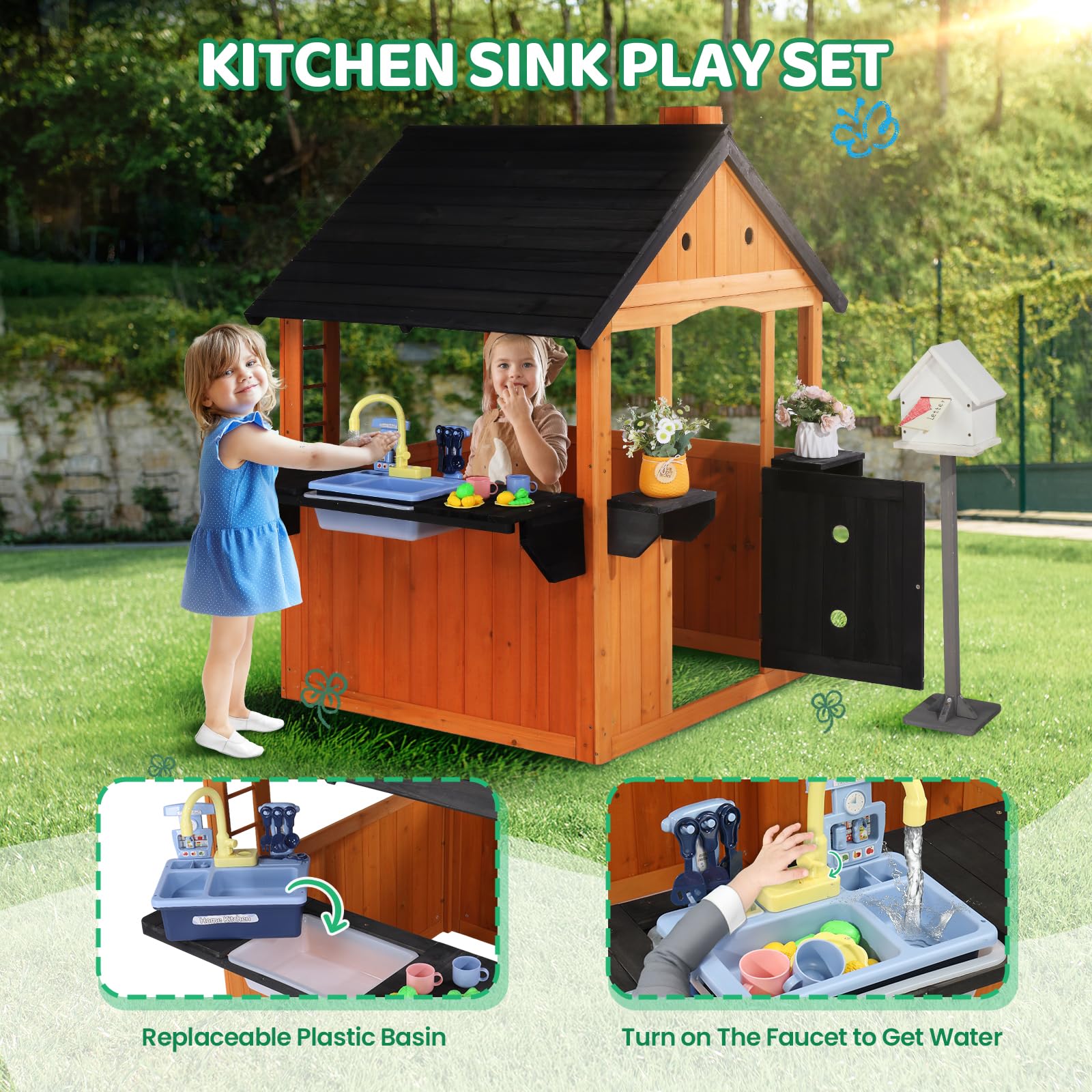JOYMOR Outdoor Kids Playhouse Wooden Play House for Backyard
