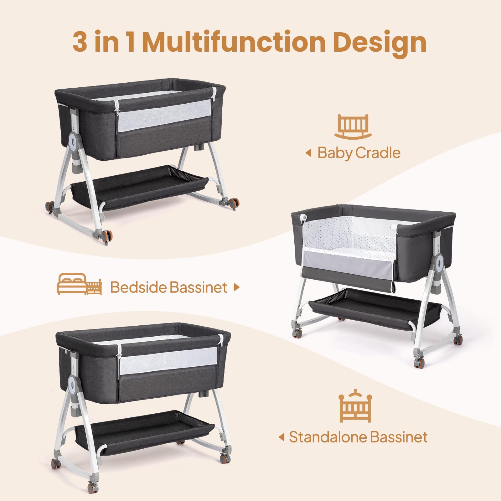JOYMOR 3 in 1 Bedside Crib Portable Baby Bassinet Sleeper