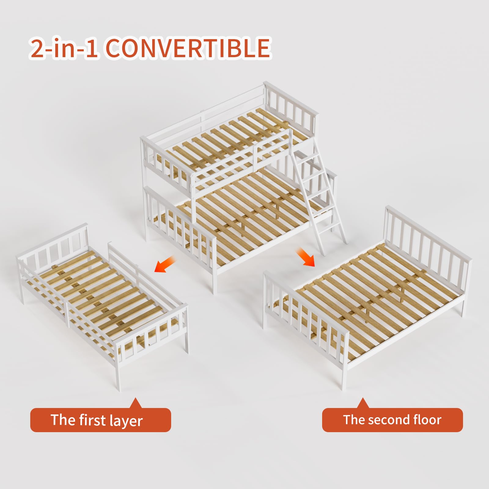 JOYMOR Convertible Twin Over Full Solid Wood Bunk Bed Frame with Ladder and Guard Rail