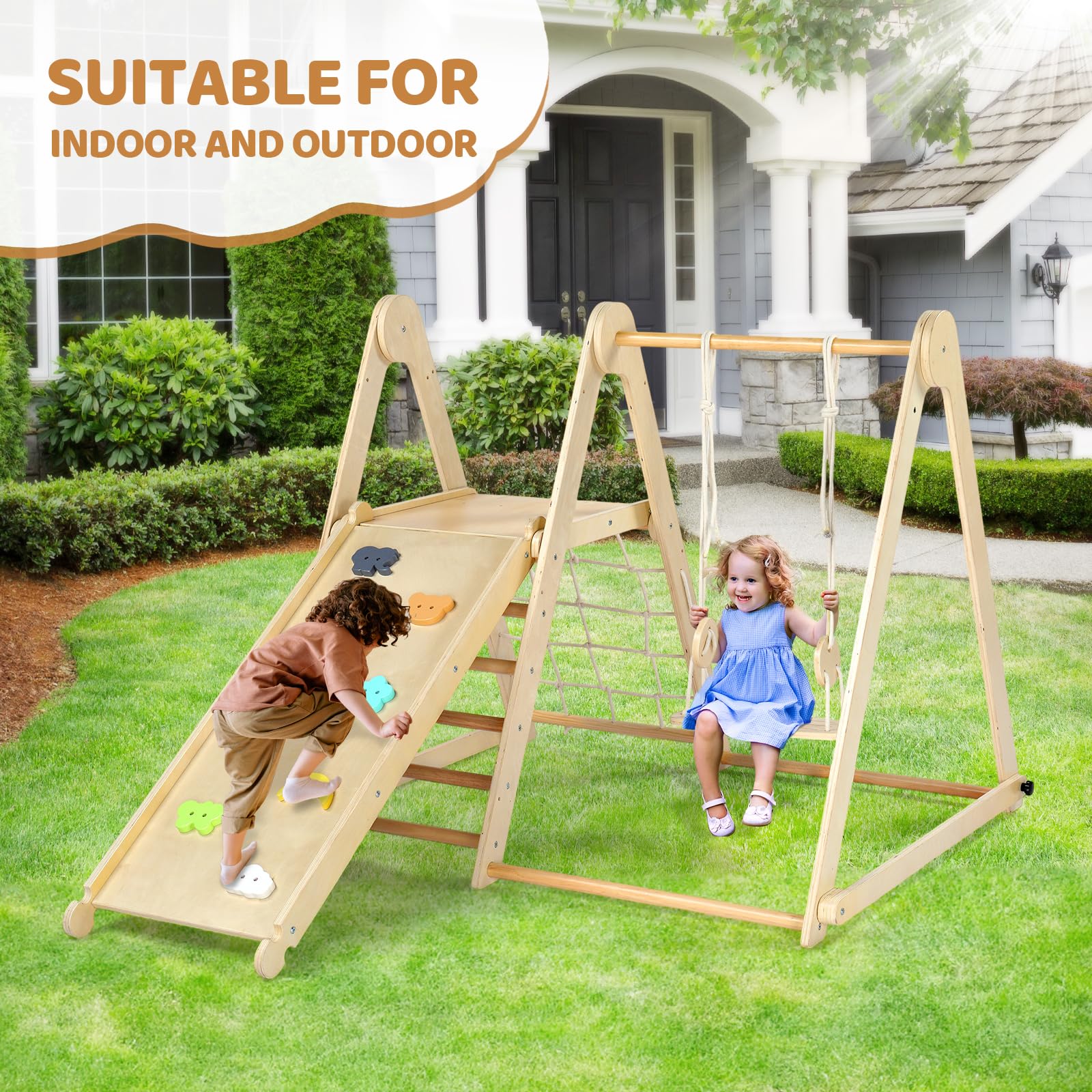 Joymor Wooden Pikler Triangle Set Montessori Climbing Adventure for Toddlers