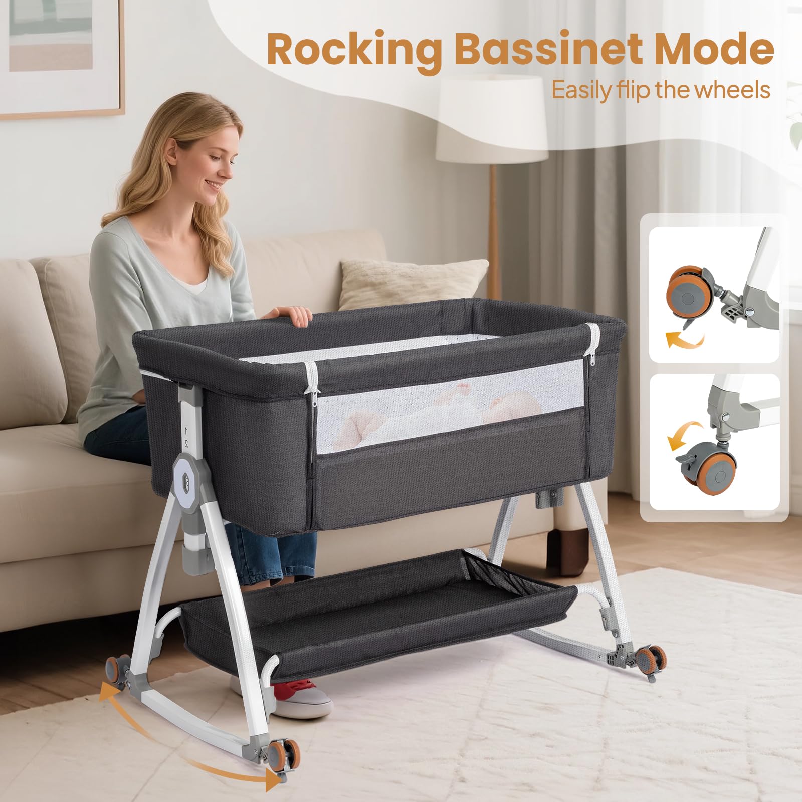 JOYMOR 3 in 1 Bedside Crib Portable Baby Bassinet Sleeper