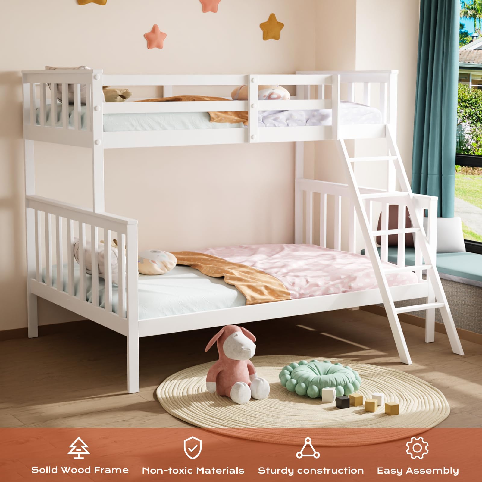 JOYMOR Convertible Twin Over Full Solid Wood Bunk Bed Frame with Ladder and Guard Rail
