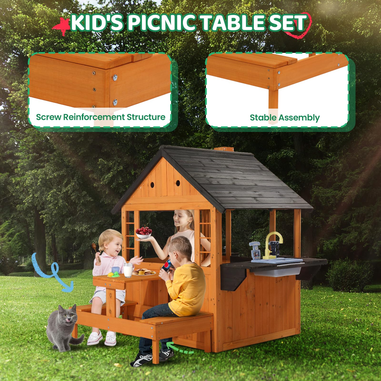 JOYMOR Wooden Kids Playhouse Cottage with Play Kitchen