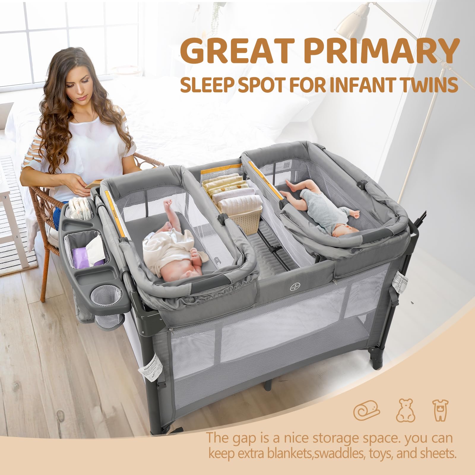 JOYMOR Twin Baby Bassinet Bedside Crib Sleeper Nursery