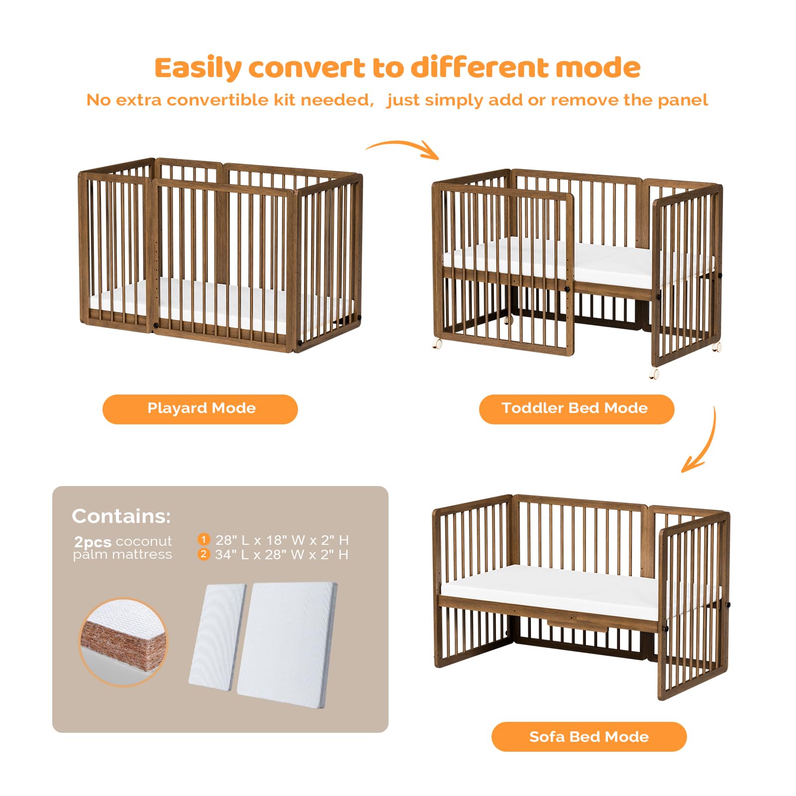 JOYMOR Wood 8-in-1 Convertible Crib with 2" Mattress