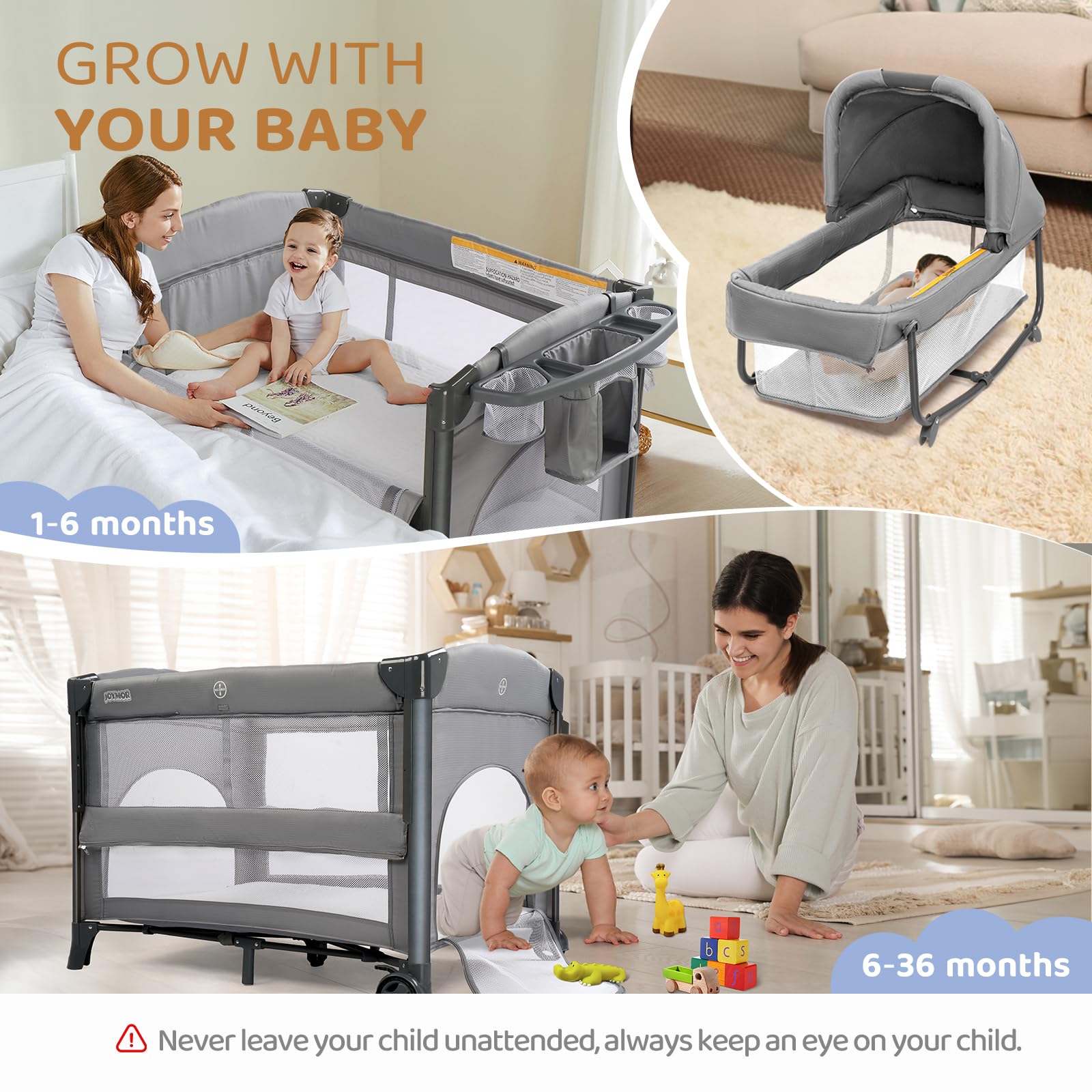 JOYMOR Twin Baby Bassinet Bedside Crib Sleeper Nursery